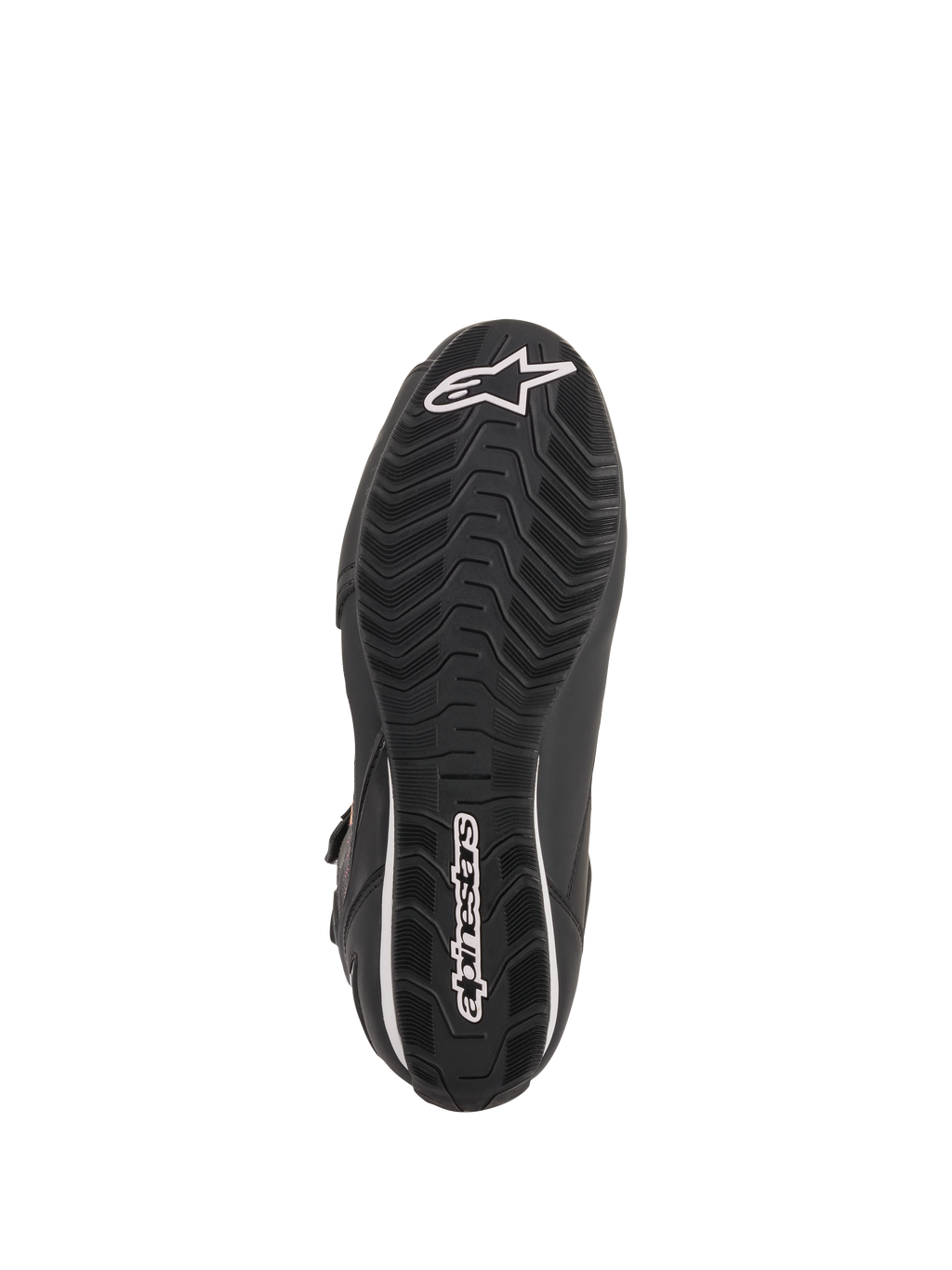 Chaussures femme Alpinestars Stella Faster-3 Rideknit®, Noir Jaune Rose, vue de la semelle extérieure présentant une semelle en caoutchouc noir avec texture ondulée, logo et lettrage Alpinestars blancs, conception durable pour la conduite moto sur route