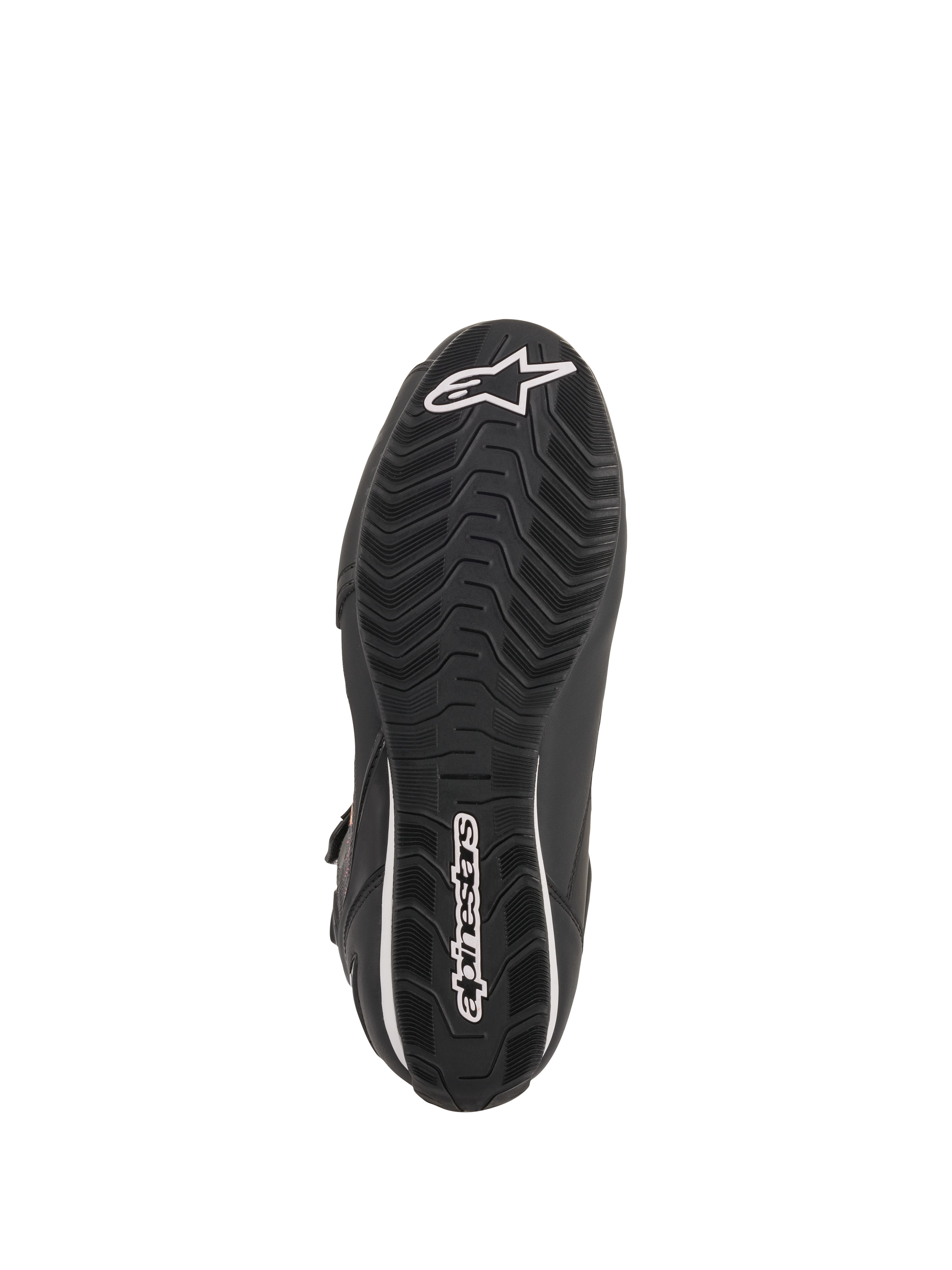 Chaussures femme Alpinestars Stella Faster-3 Rideknit®, Noir Jaune Rose, vue de la semelle extérieure présentant une semelle en caoutchouc noir avec texture ondulée, logo et lettrage Alpinestars blancs, conception durable pour la conduite moto sur route