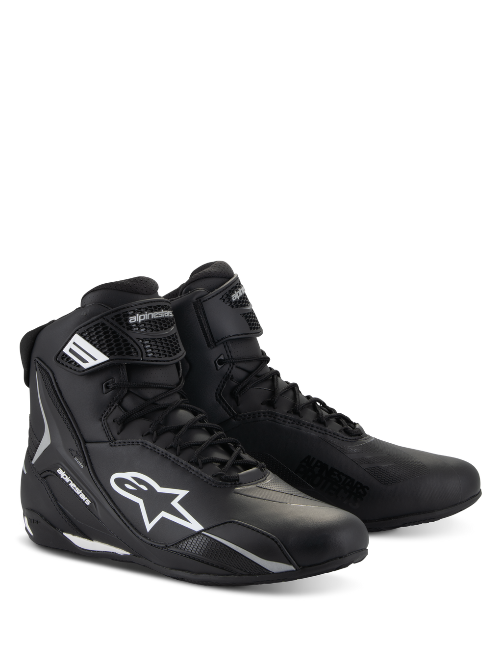 Alpinestars Stella Faster-4 schoenen, motorrijschoenen voor dames, zwart met witte accenten, hoog sportief ontwerp met vetersluiting en klittenband enkelband, duurzame microvezelconstructie met beschermende logo's aan de zijkant