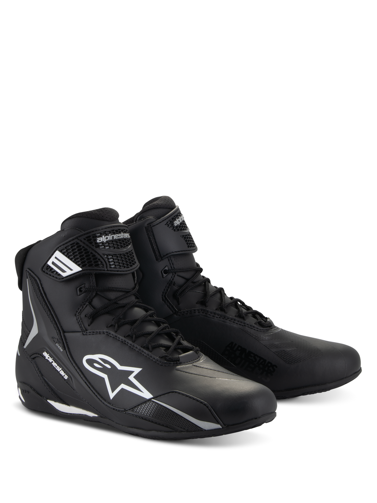 Alpinestars Stella Faster-4 schoenen, motorrijschoenen voor dames, zwart met witte accenten, hoog sportief ontwerp met vetersluiting en klittenband enkelband, duurzame microvezelconstructie met beschermende logo's aan de zijkant