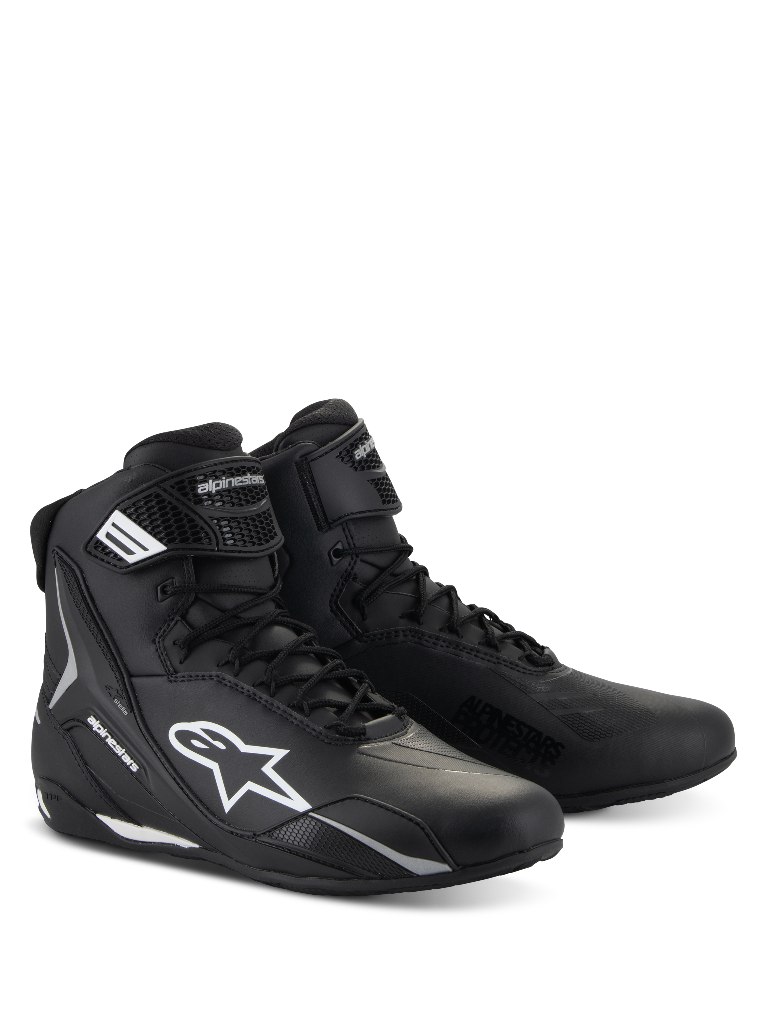 Alpinestars Stella Faster-4 schoenen, motorrijschoenen voor dames, zwart met witte accenten, hoog sportief ontwerp met vetersluiting en klittenband enkelband, duurzame microvezelconstructie met beschermende logo's aan de zijkant