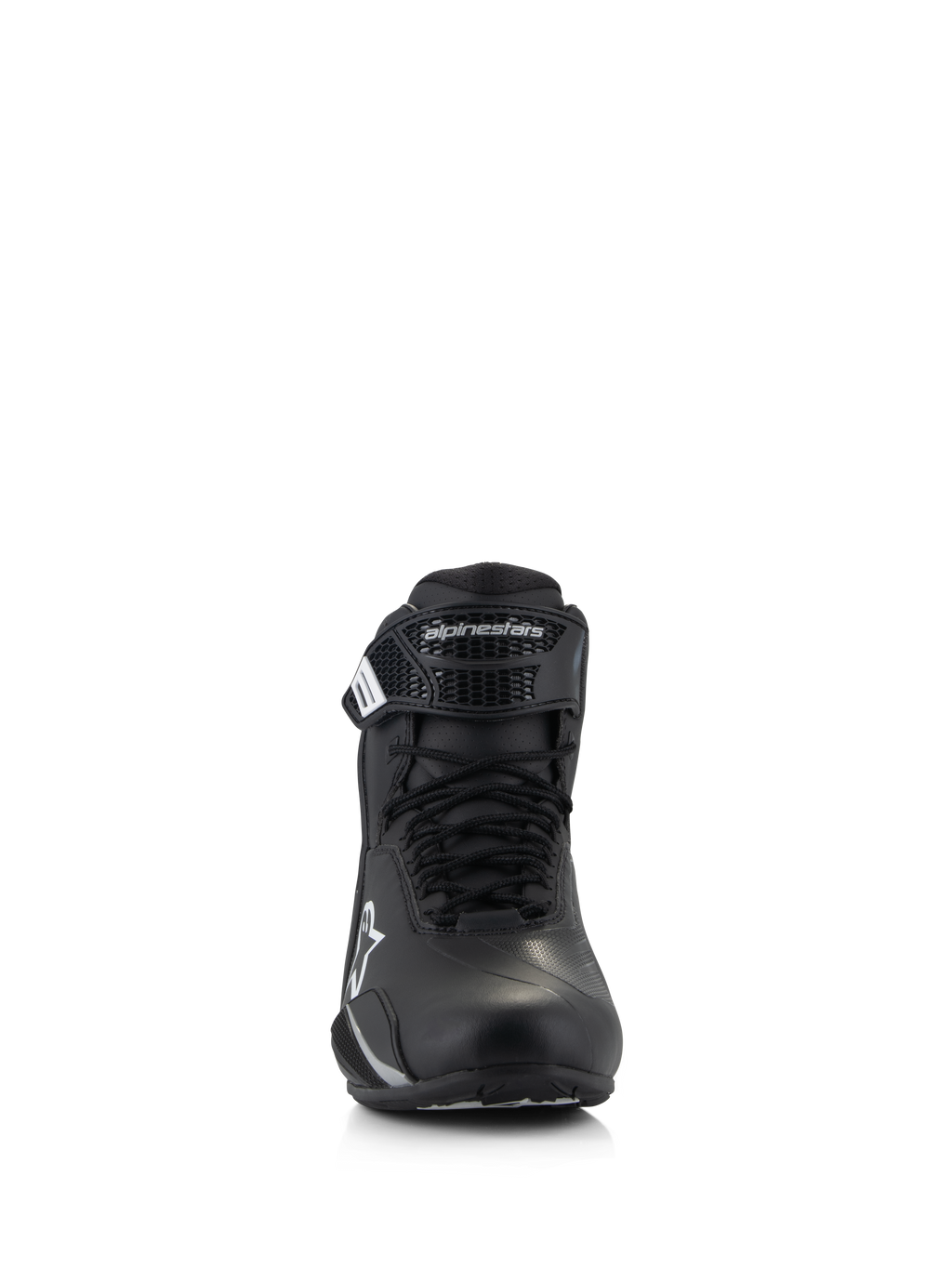Alpinestars Stella Faster-4 schoenen, motorrijdschoenen voor dames, zwart, vooraanzicht, met vetersluiting en verstelbare klittenbandsluiting met Alpinestars-logo, technisch schoeisel voor op de weg met lichtgewicht microfiber constructie