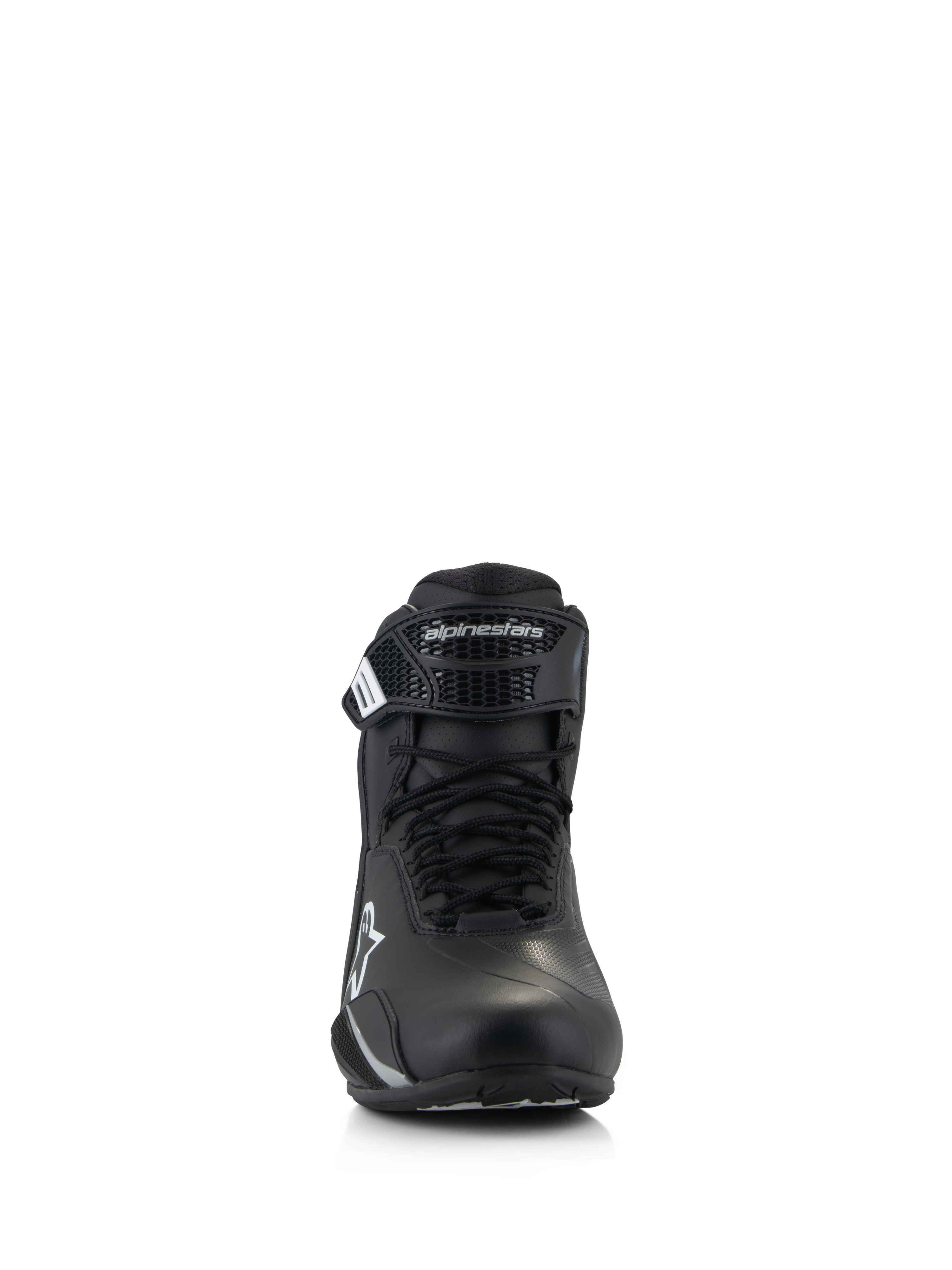 Alpinestars Stella Faster-4 schoenen, motorrijdschoenen voor dames, zwart, vooraanzicht, met vetersluiting en verstelbare klittenbandsluiting met Alpinestars-logo, technisch schoeisel voor op de weg met lichtgewicht microfiber constructie