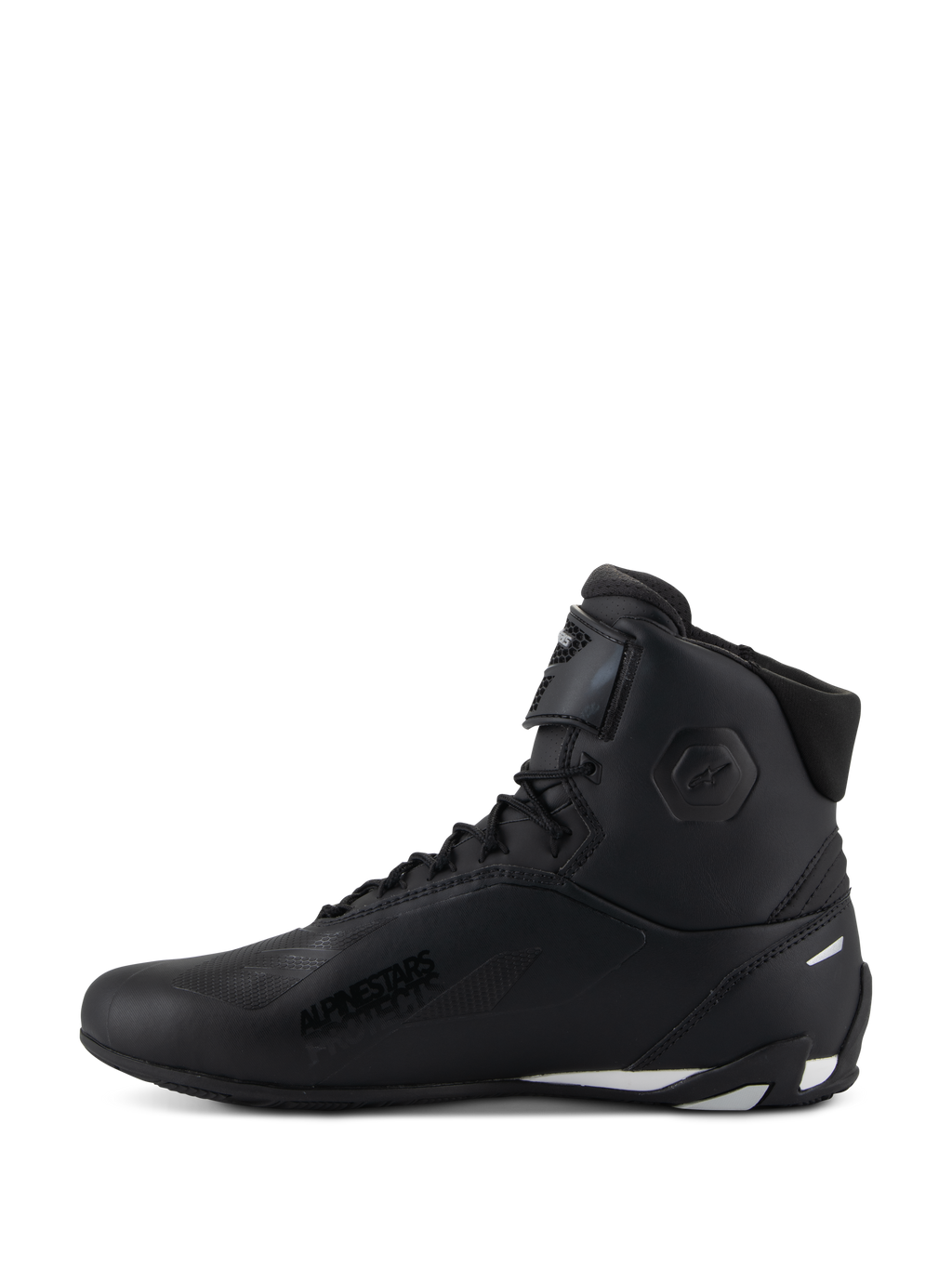Alpinestars Stella Faster-4 schoenen, motorschoenen voor dames, zwart met witte accenten, zijaanzicht, hoog model met vetersluiting en verstelbare enkelband, beschermend motorschoeisel