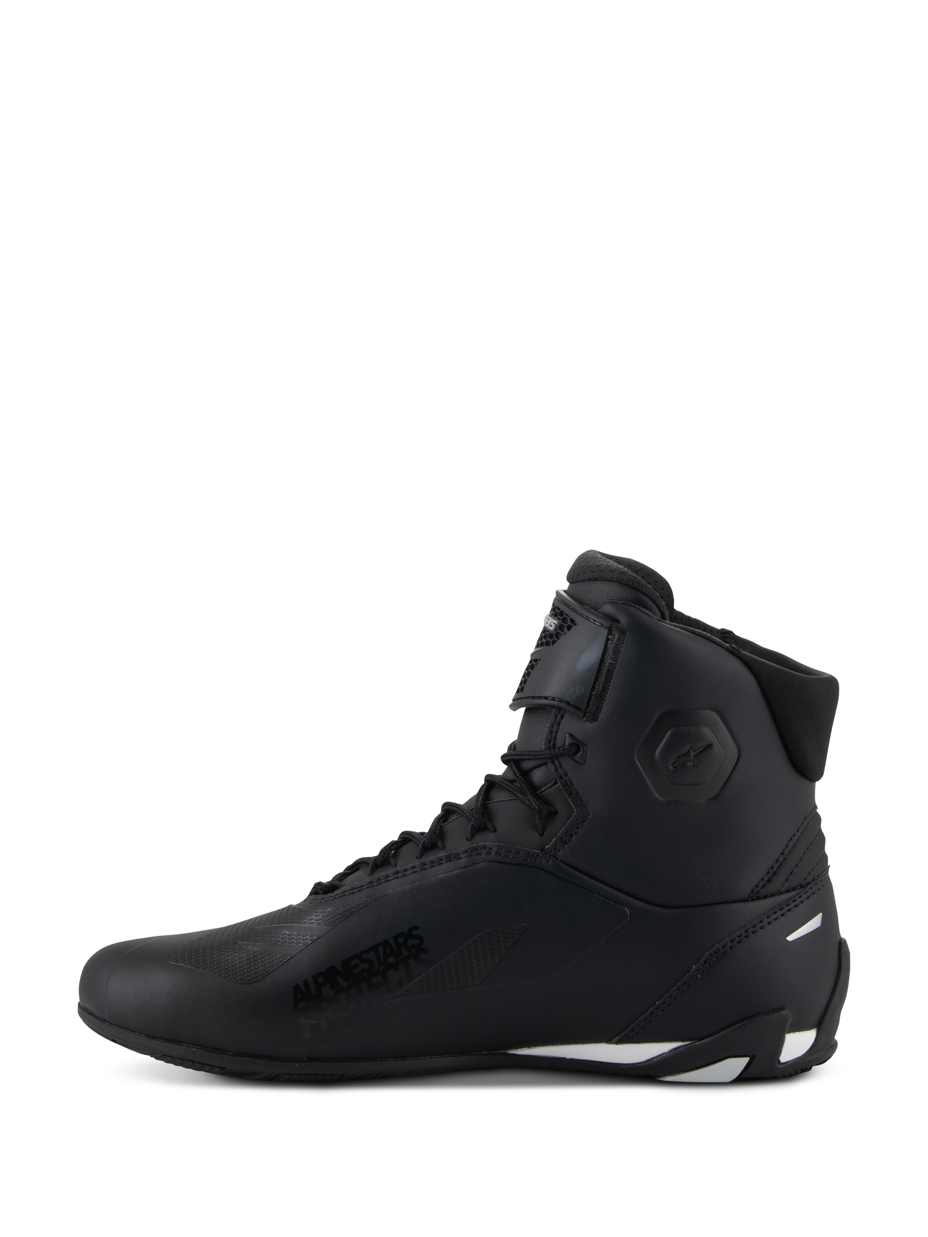 Alpinestars Stella Faster-4 schoenen, motorschoenen voor dames, zwart met witte accenten, zijaanzicht, hoog model met vetersluiting en verstelbare enkelband, beschermend motorschoeisel