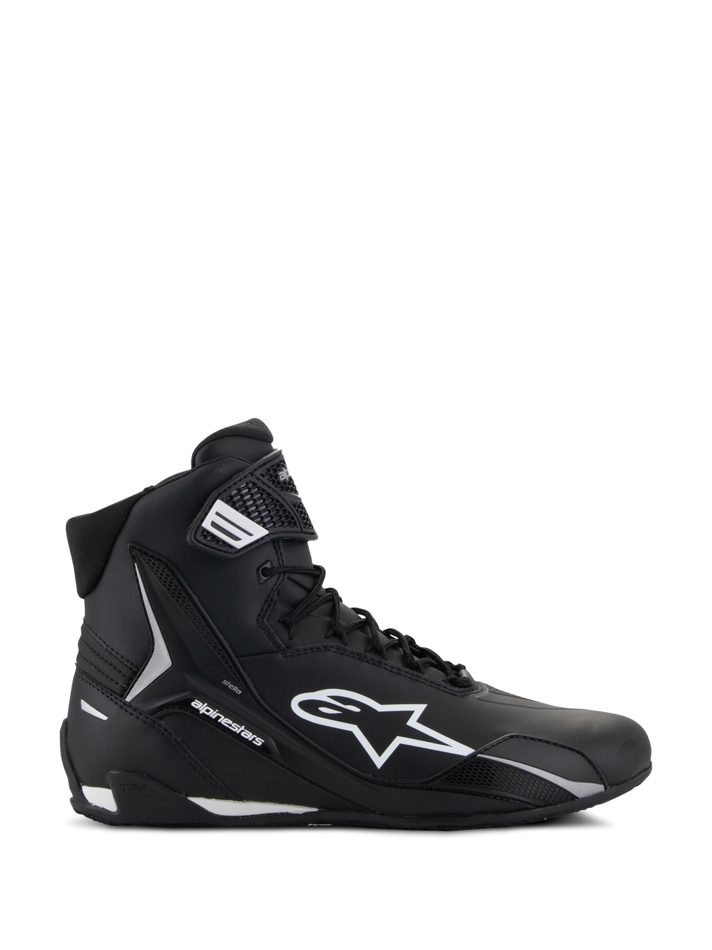 Alpinestars Stella Faster-4 schoenen, motorschoenen voor dames, zwart en wit, hoog model met Astars-logo en enkelbandje, zijaanzicht