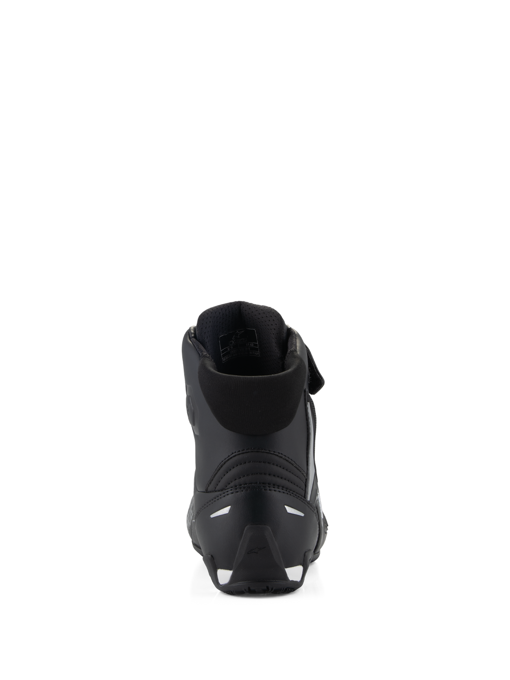 Alpinestars Stella Faster-4 schoenen, motorrijdschoenen voor dames, zwart, achteraanzicht met de gevoerde kraag, versterkte TPR-hielkap en reflecterende accenten, strak prestatiegericht ontwerp voor rijden op de weg