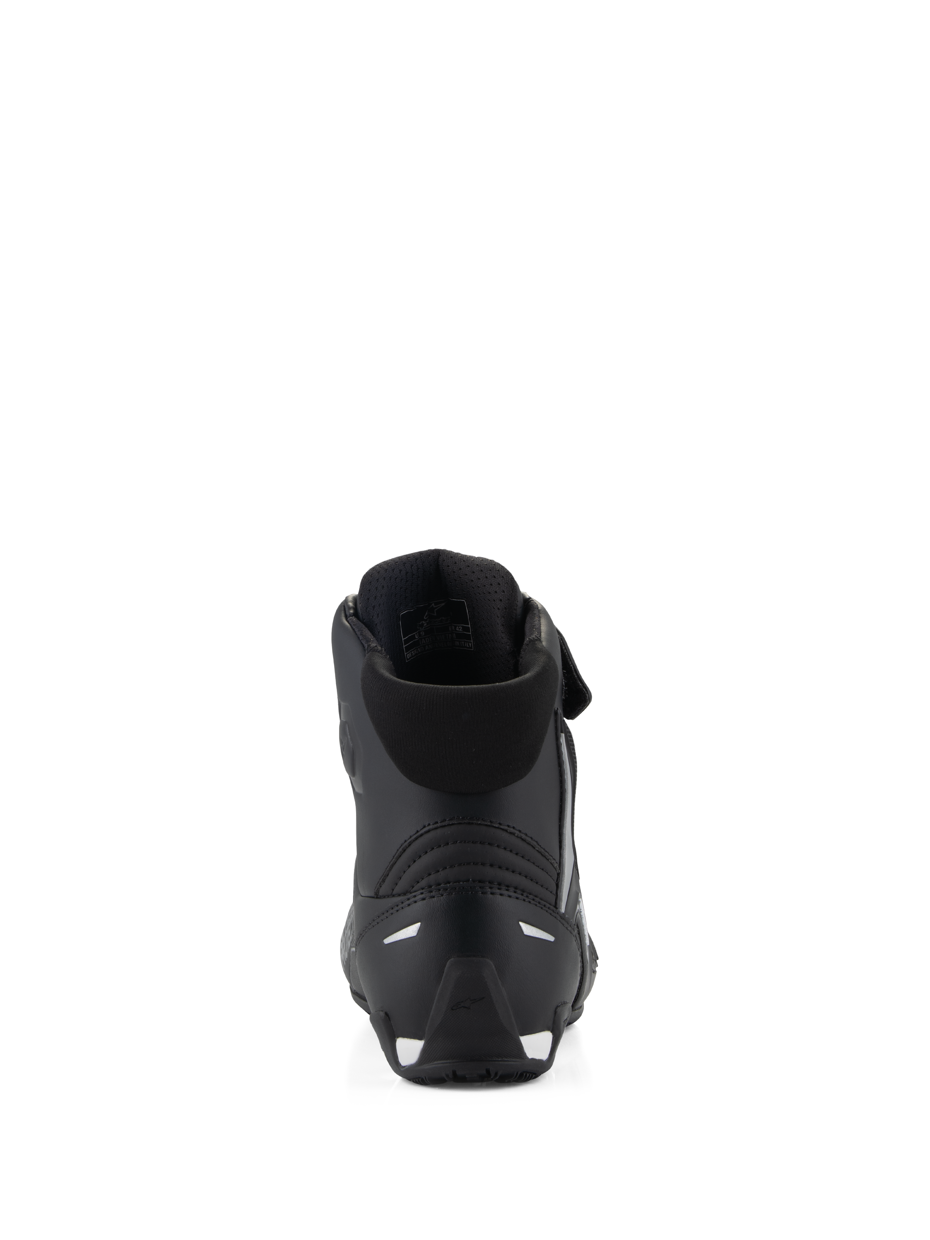Alpinestars Stella Faster-4 schoenen, motorrijdschoenen voor dames, zwart, achteraanzicht met de gevoerde kraag, versterkte TPR-hielkap en reflecterende accenten, strak prestatiegericht ontwerp voor rijden op de weg