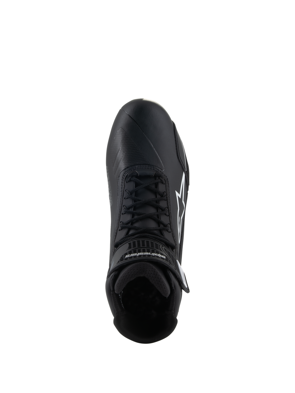 Alpinestars Stella Faster-4 schoenen, motorrijschoenen voor dames, zwart, bovenaanzicht, voorzien van zwarte veters, wit Alpinestars-sterlogo en verstelbare enkelband, strak microfiber design voor weg- en sportrijden