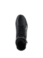 Alpinestars Stella Faster-4 schoenen, motorrijschoenen voor dames, zwart, bovenaanzicht, voorzien van zwarte veters, wit Alpinestars-sterlogo en verstelbare enkelband, strak microfiber design voor weg- en sportrijden