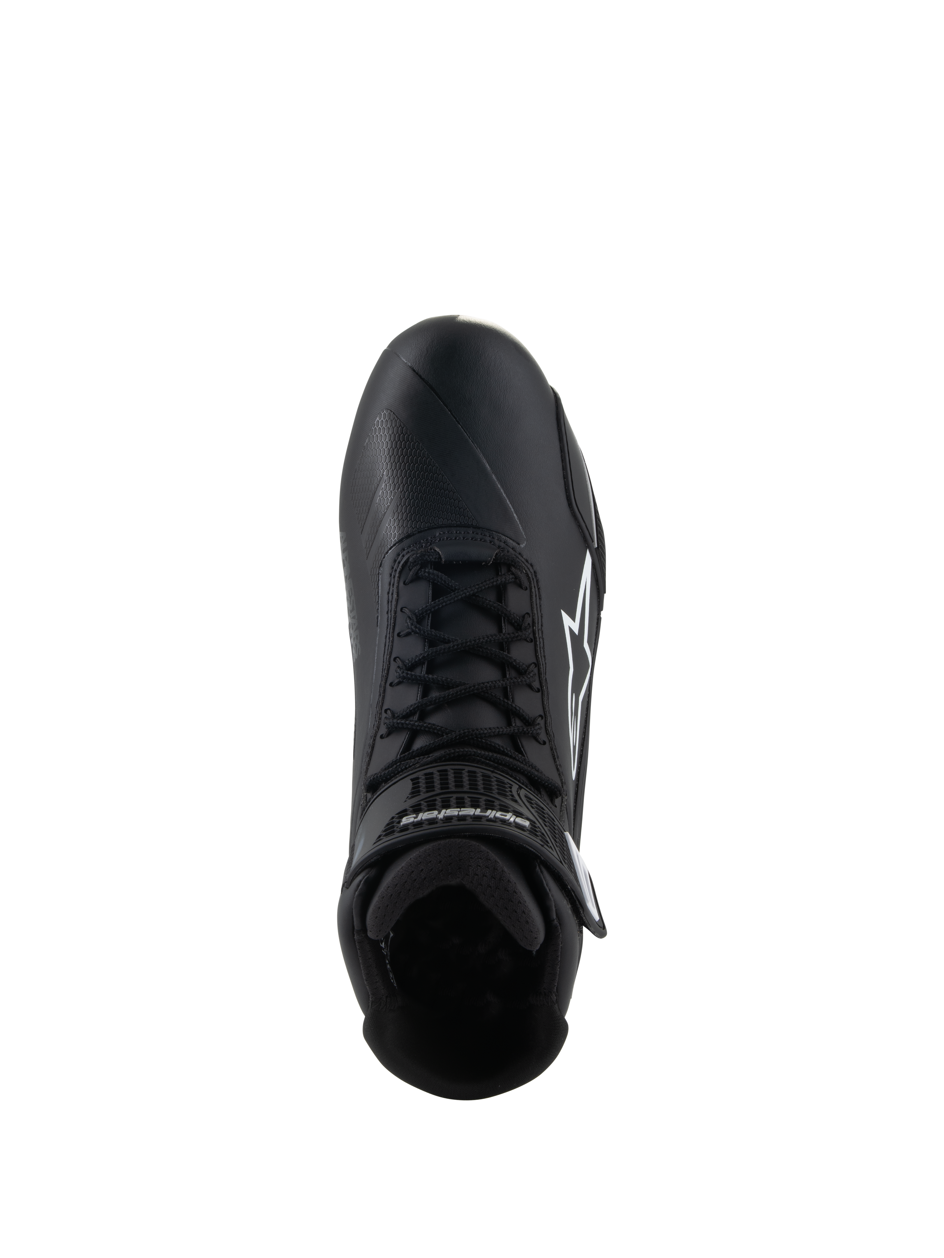 Alpinestars Stella Faster-4 schoenen, motorrijschoenen voor dames, zwart, bovenaanzicht, voorzien van zwarte veters, wit Alpinestars-sterlogo en verstelbare enkelband, strak microfiber design voor weg- en sportrijden