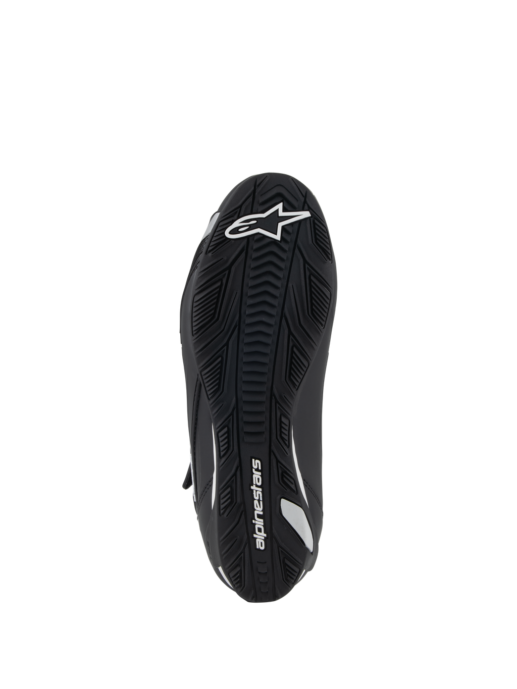 Alpinestars Stella Faster-4 motorschoenen voor dames, onderaanzicht, zwarte rubberen zool met getextureerde grip, wit Alpinestars-logo en branding, ergonomisch ontwerp voor tractie en ondersteuning