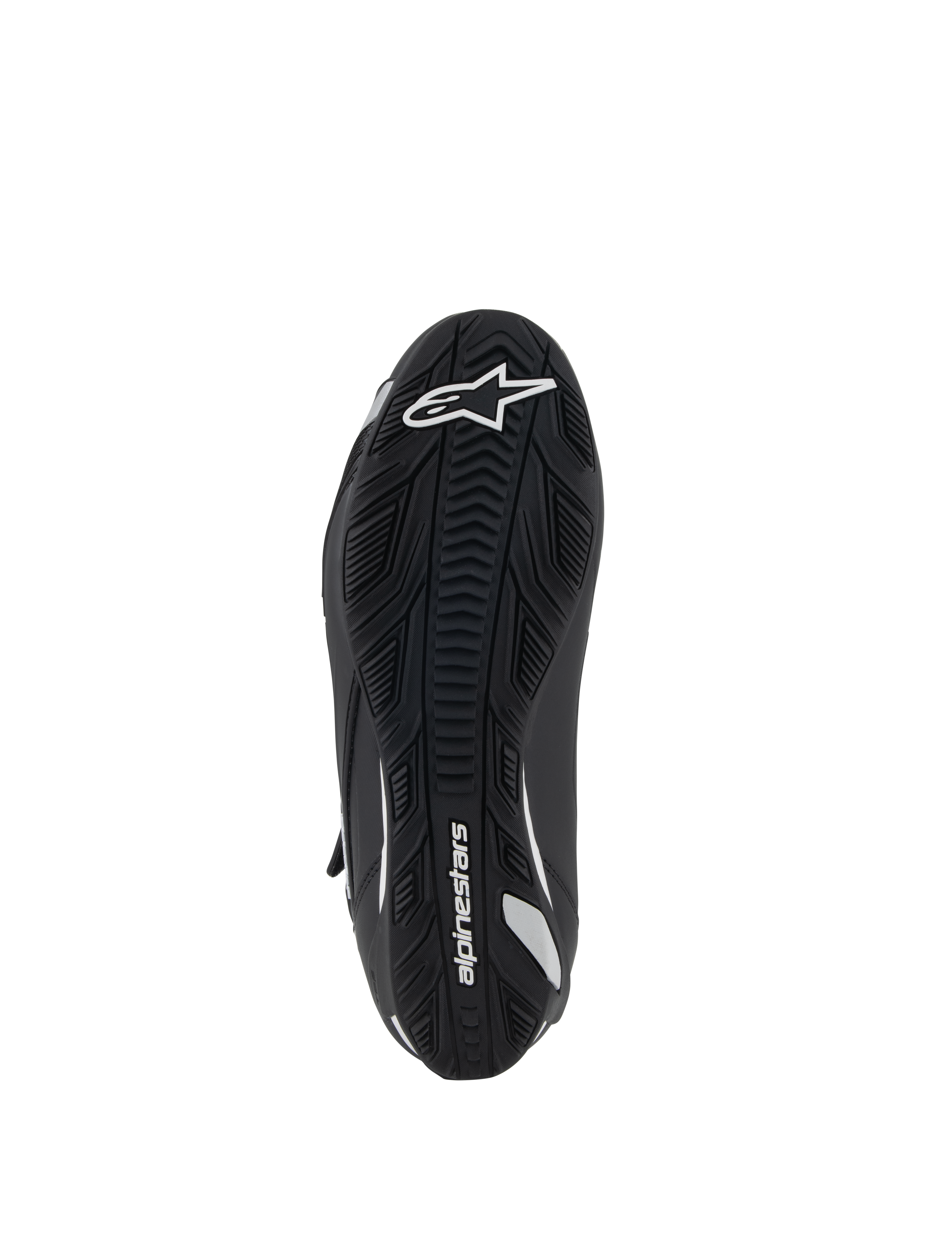 Alpinestars Stella Faster-4 motorschoenen voor dames, onderaanzicht, zwarte rubberen zool met getextureerde grip, wit Alpinestars-logo en branding, ergonomisch ontwerp voor tractie en ondersteuning