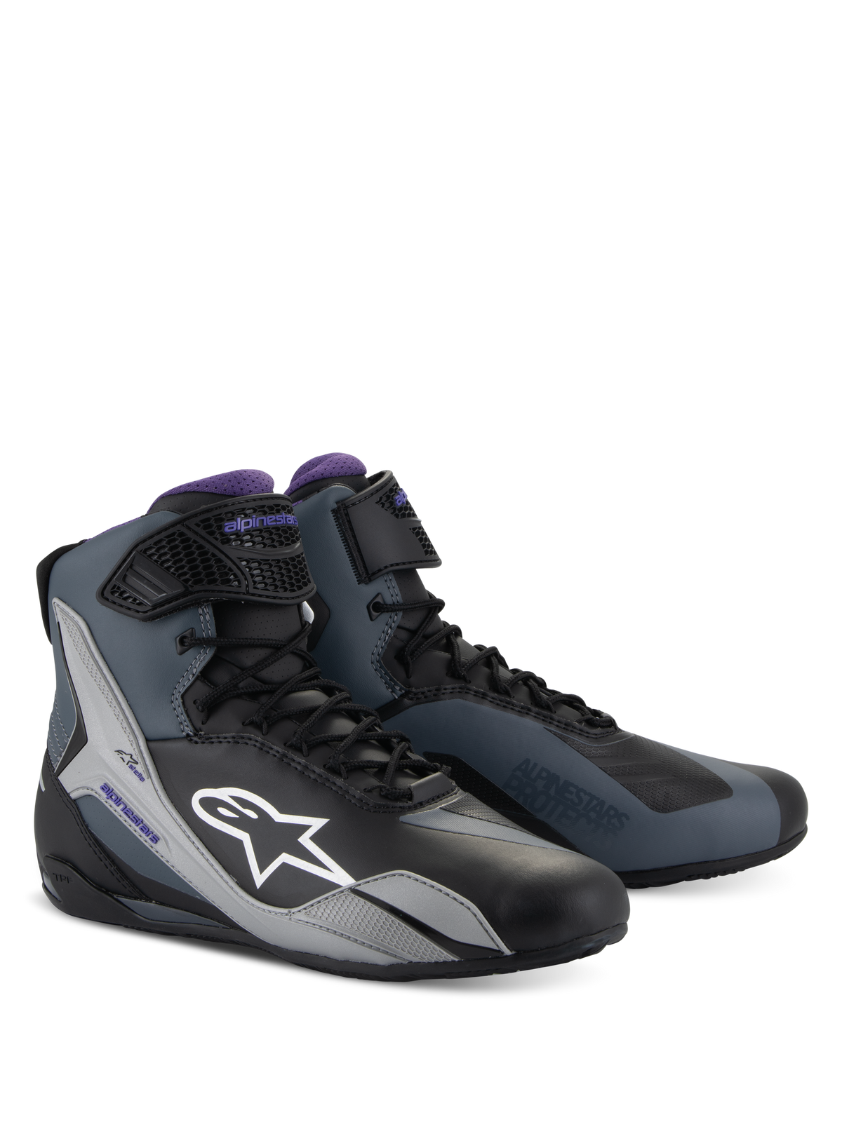 Alpinestars Stella Faster-4 laarzen, dames-motorlaarzen, zwart, grijs en paars, technisch hoog model met vetersluiting.