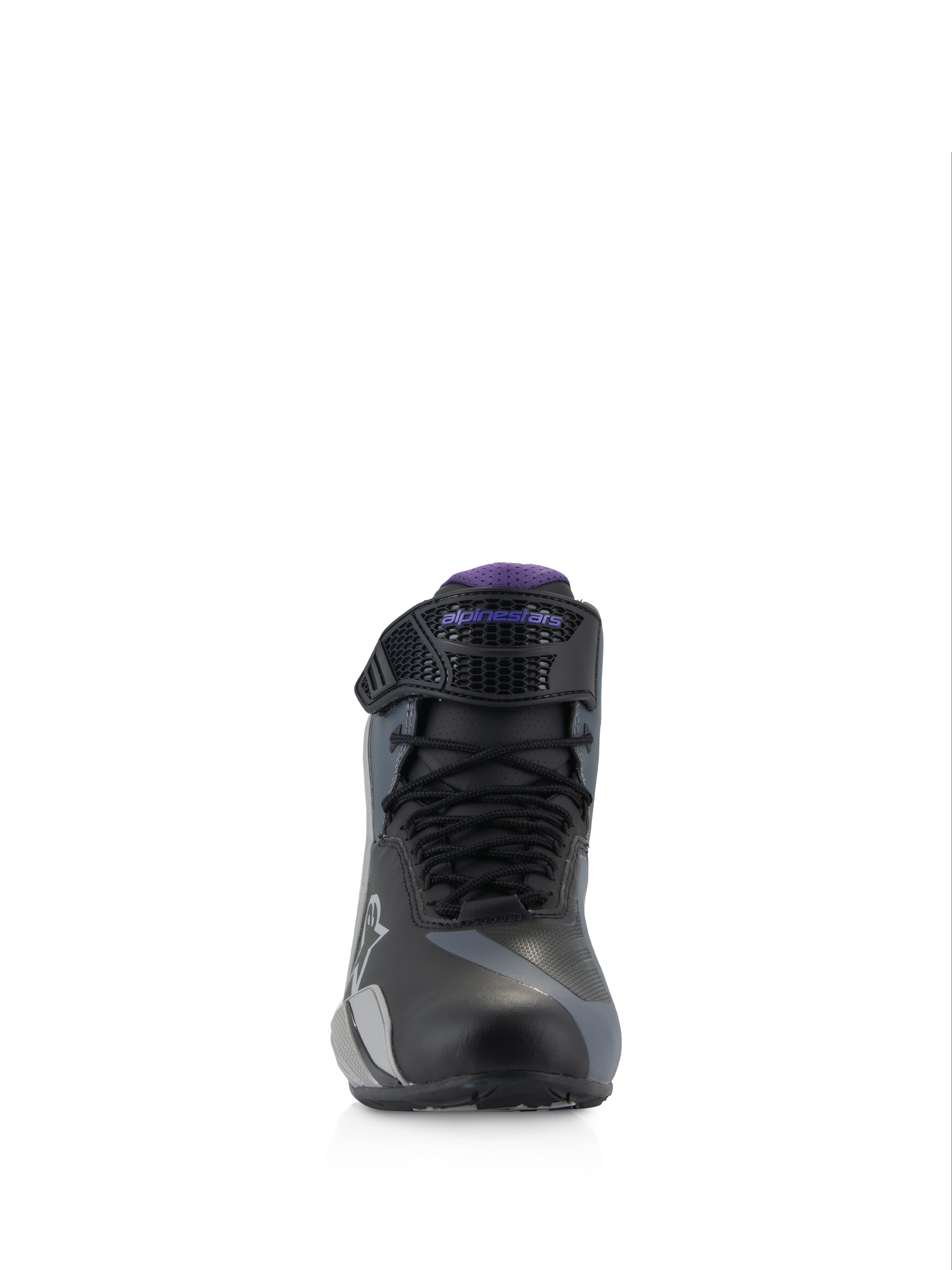 Alpinestars Stella Faster-4 damesmotorlaarzen, Road, zwart grijs violet, vooraanzicht met veters en verstelbare band.