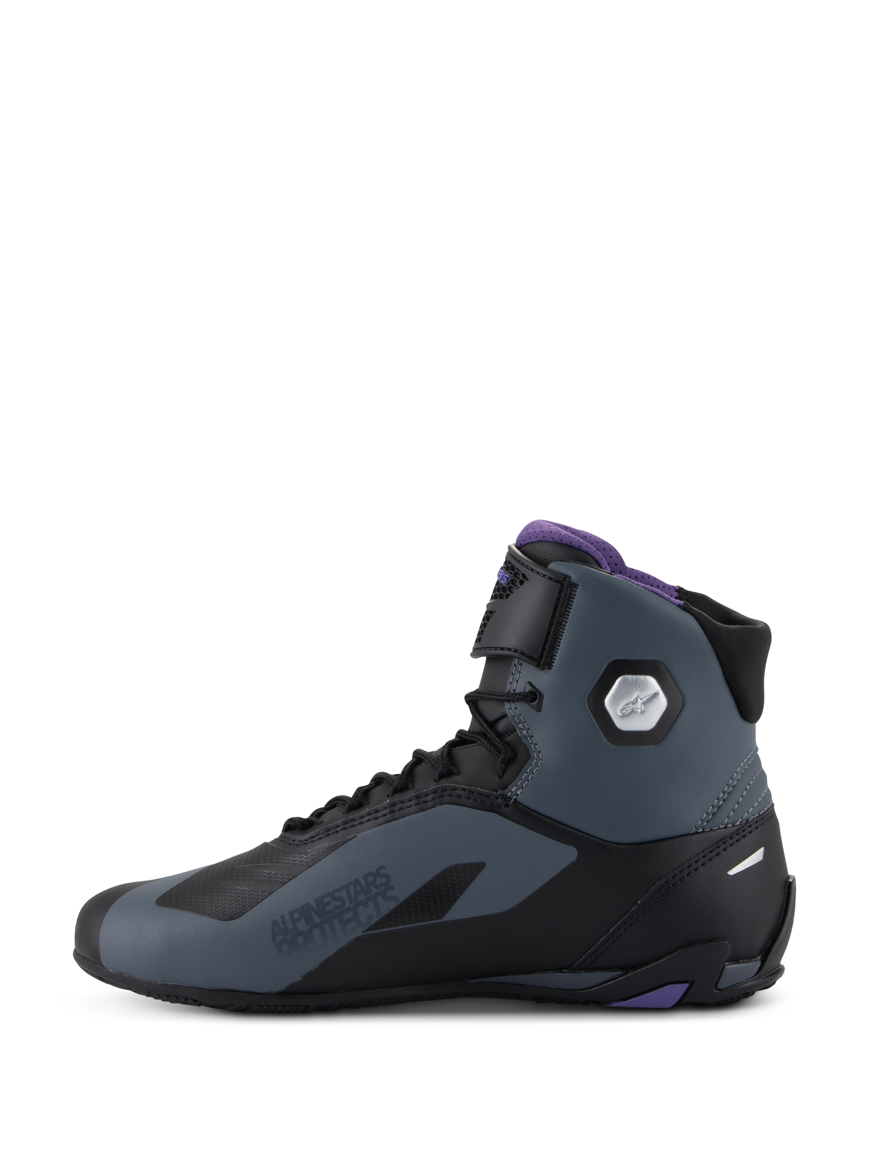 Alpinestars Stella Faster-4 motorlaarzen voor dames, zwart en grijs met paarse accenten en enkelbescherming.