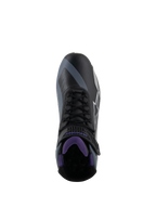 Alpinestars Stella Faster-4 damesmotorlaarzen, zwart en paars, bovenaanzicht met veters en meshvoering.