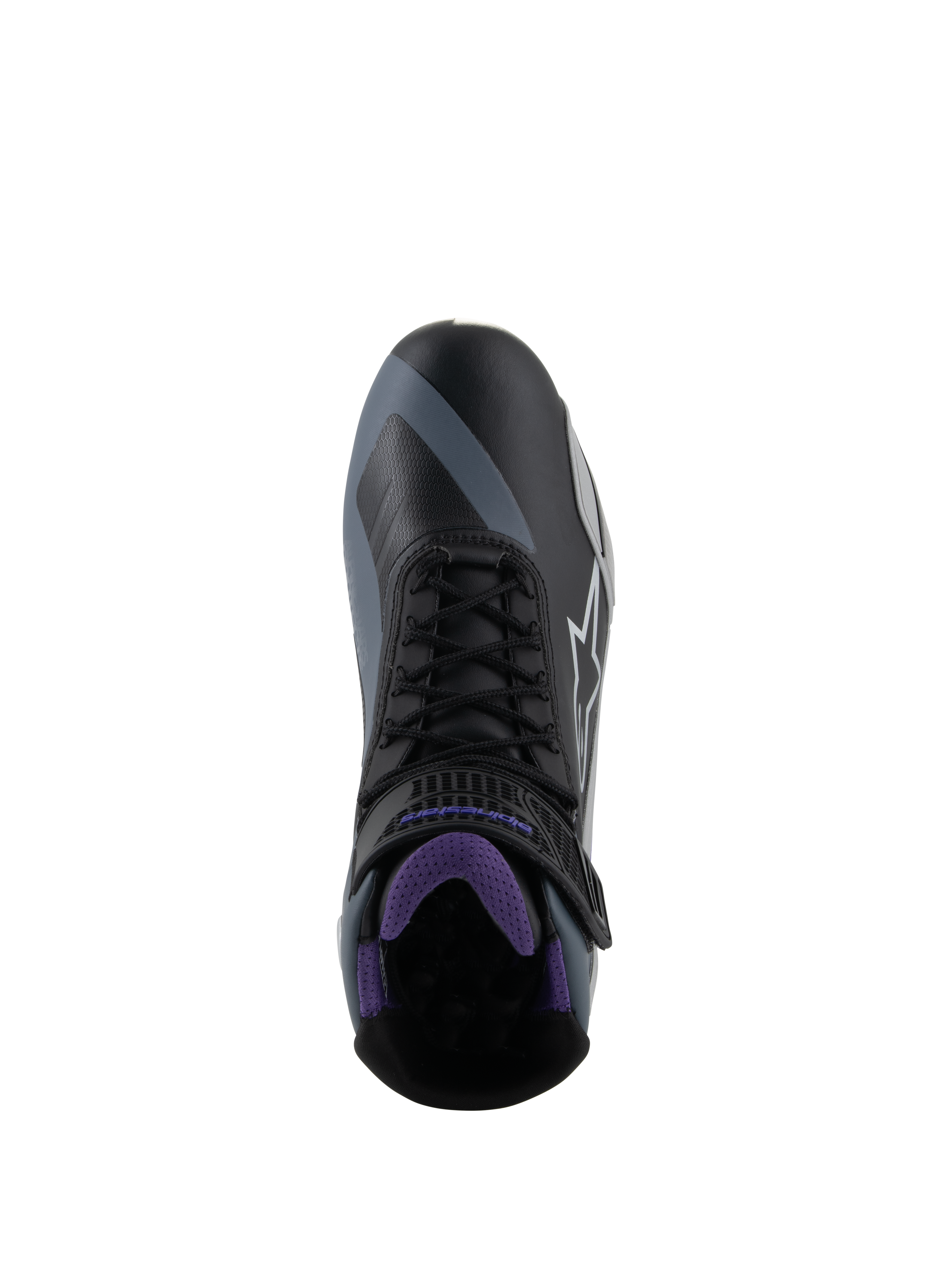 Alpinestars Stella Faster-4 damesmotorlaarzen, zwart en paars, bovenaanzicht met veters en meshvoering.