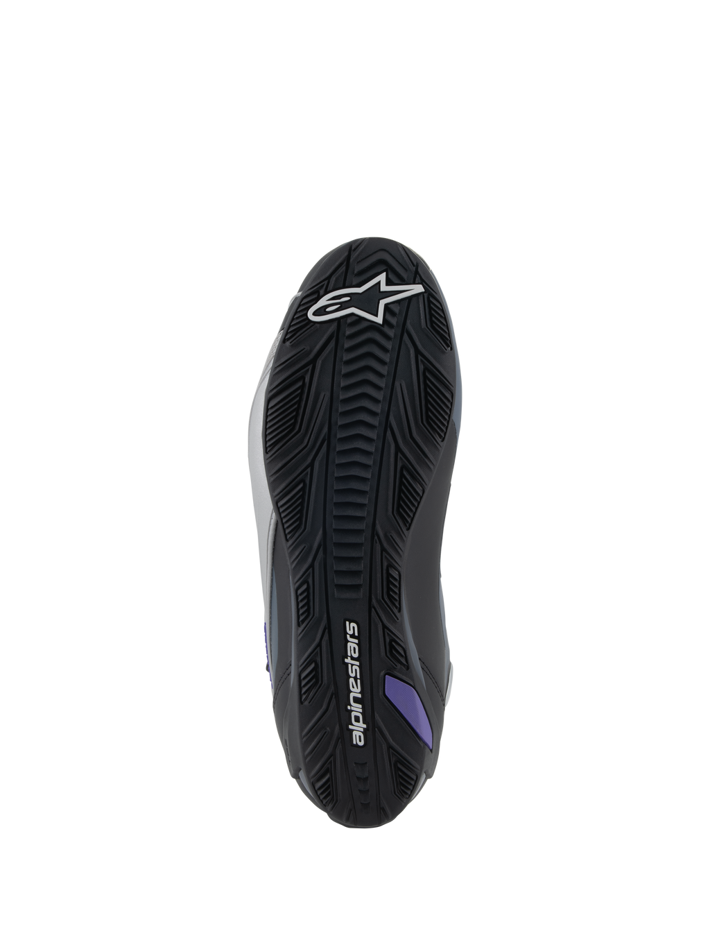 Alpinestars Stella Faster-4 dames-motorlaarzen, zoolaanzicht, zwart, grijs en paars met getextureerde rubberen grip.