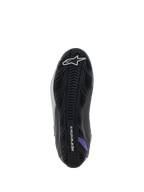 Alpinestars Stella Faster-4 dames-motorlaarzen, zoolaanzicht, zwart, grijs en paars met getextureerde rubberen grip.