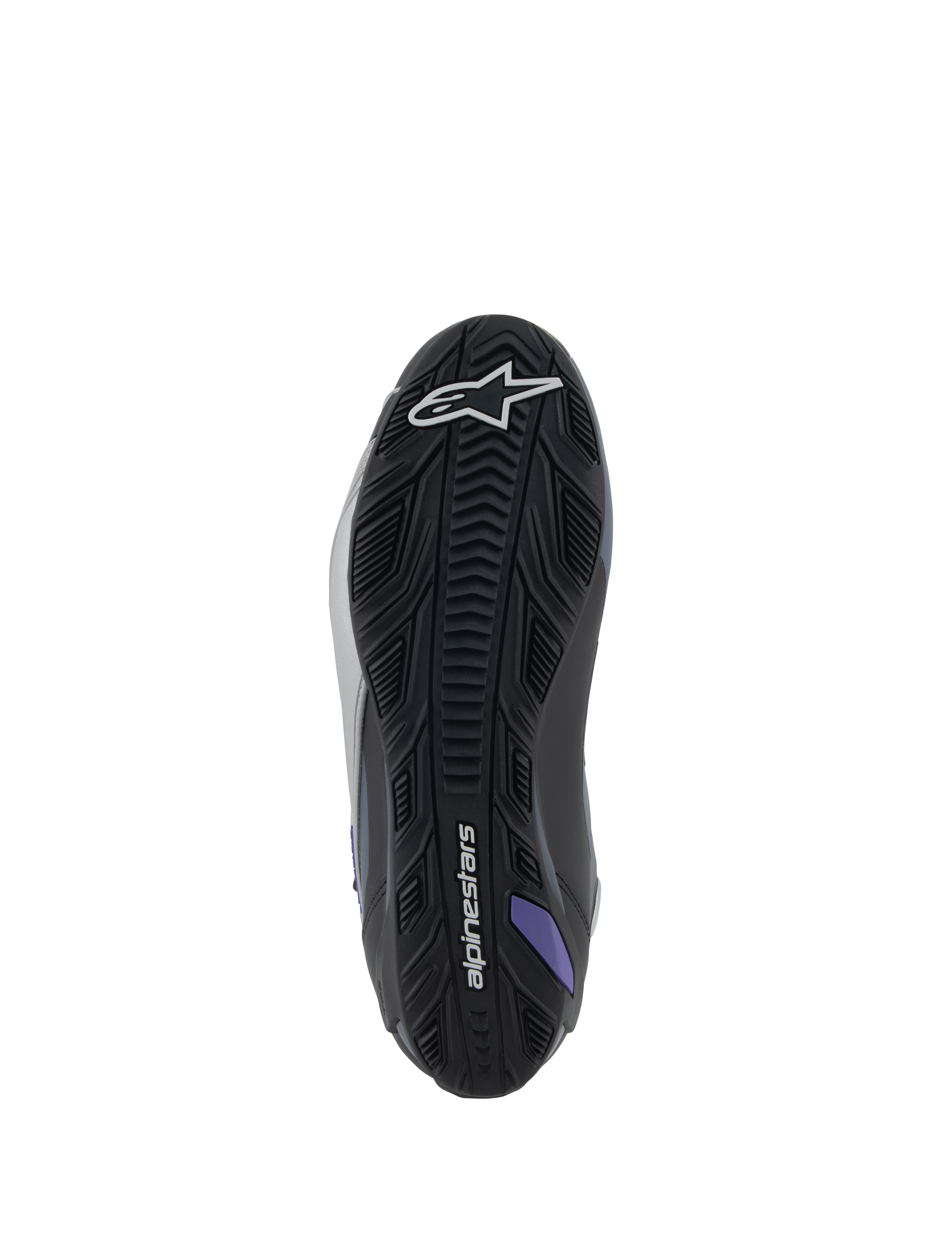 Alpinestars Stella Faster-4 dames-motorlaarzen, zoolaanzicht, zwart, grijs en paars met getextureerde rubberen grip.