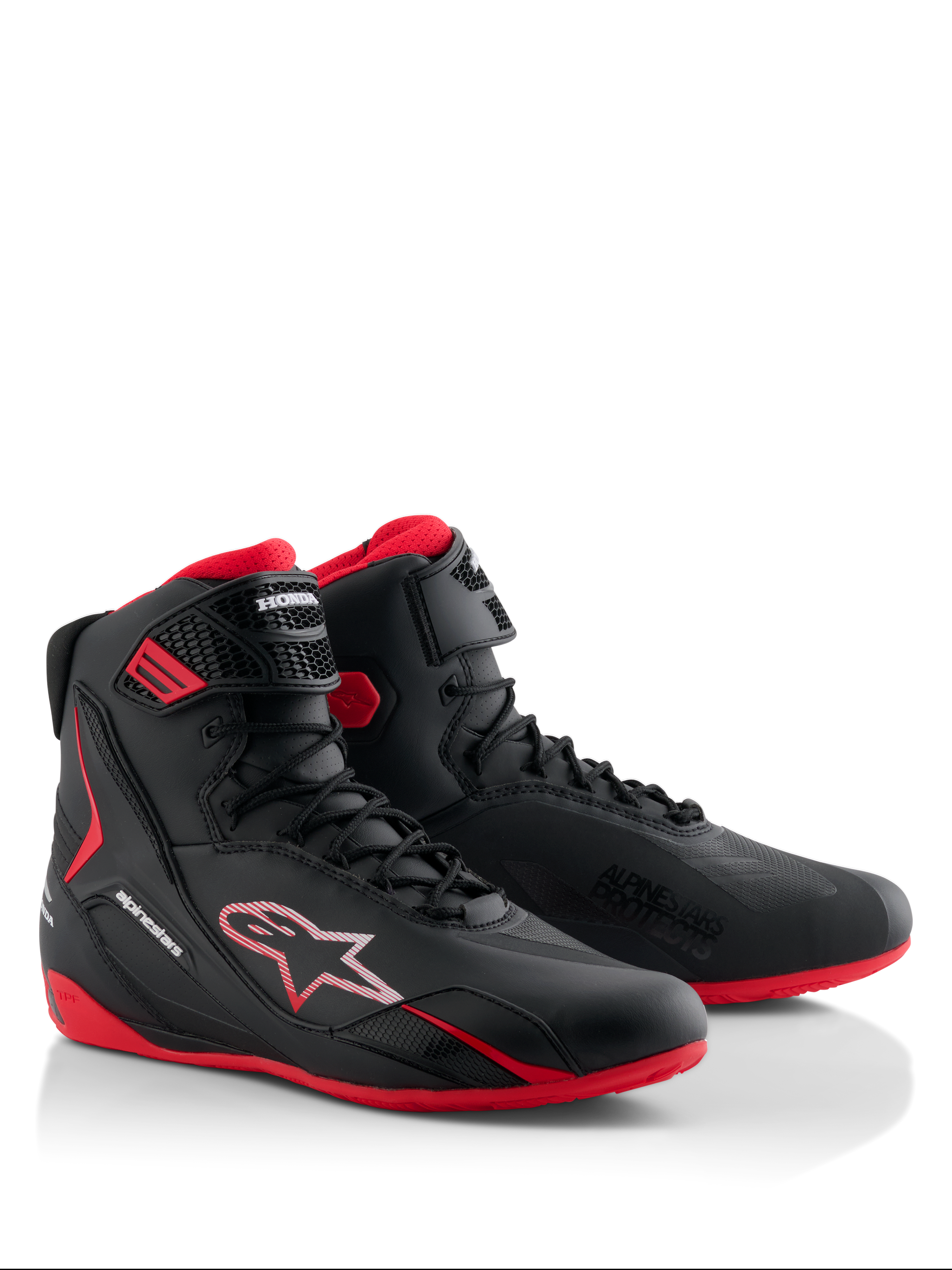 Alpinestars Honda Faster-4 schoenen, motorrijschoenen, zwart en rood, gestroomlijnd hoog ontwerp met vetersluiting en enkelband, voorzien van rode zolen en Alpinestars- en Honda-branding
