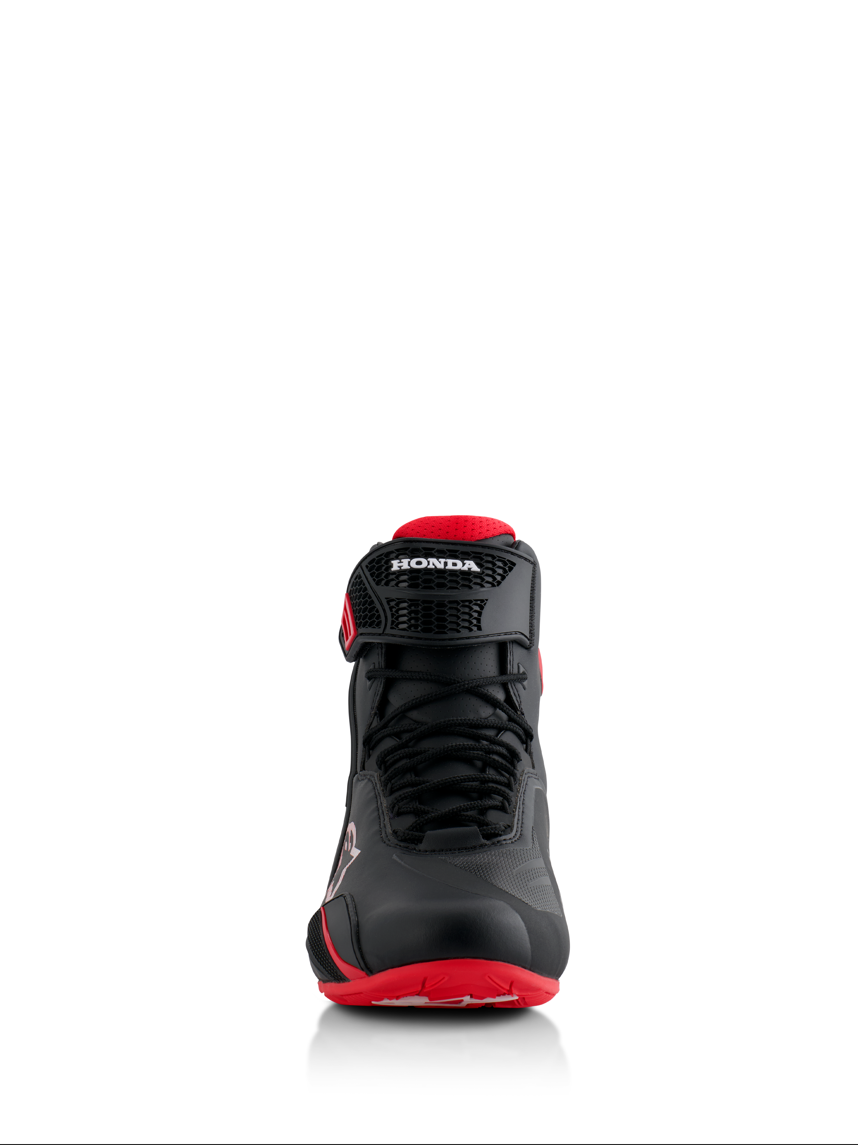 Alpinestars Honda Faster-4 schoenen, zwart en rood, vooraanzicht, met naadloze microvezelconstructie, vetersluiting en verstelbare enkelband met Honda-branding