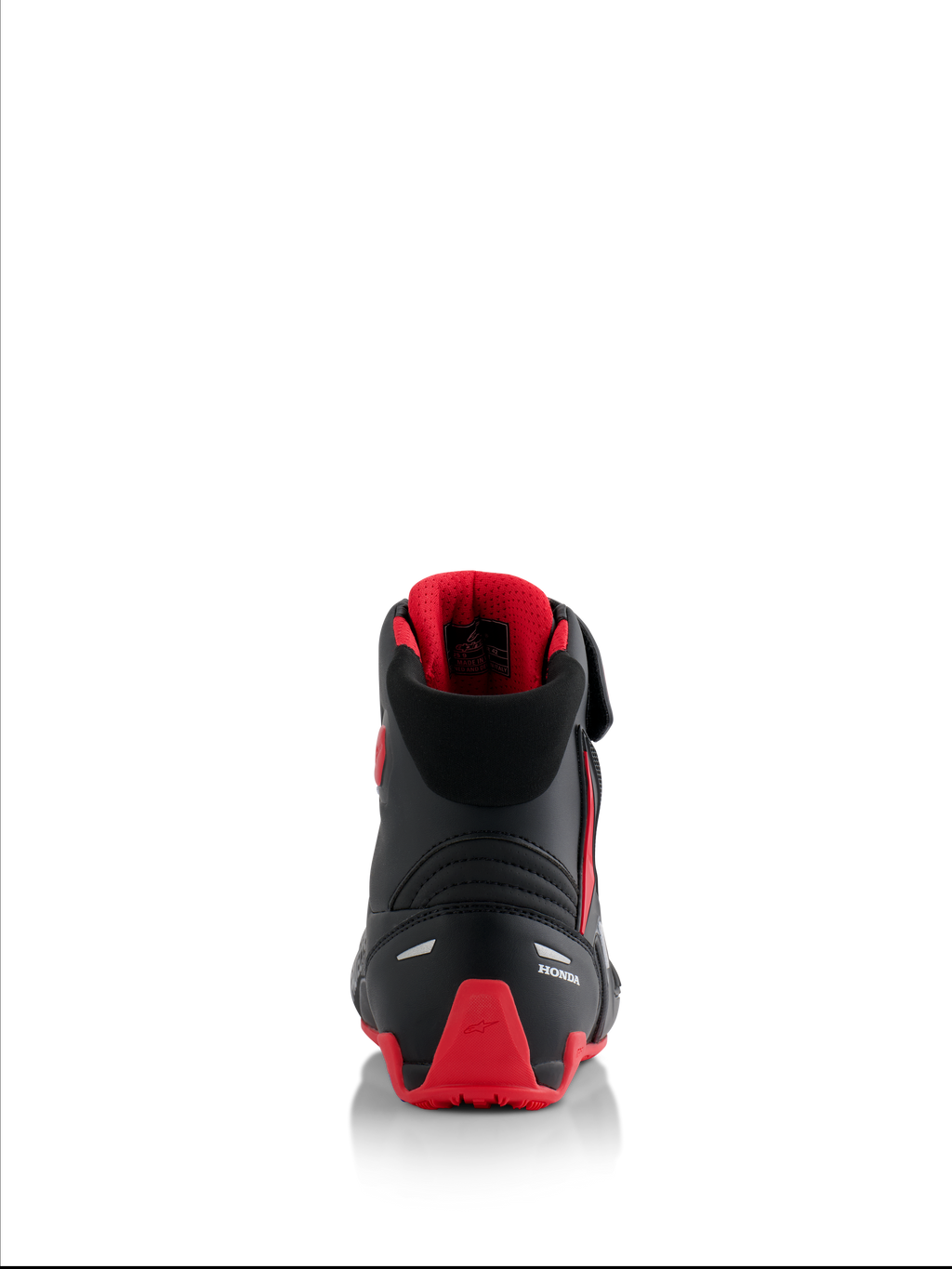 Alpinestars Honda Faster-4 schoenen, motorschoenen, zwart en rood, achteraanzicht met witte Honda-branding en rode TPU-hielkap, gevoerde kraag met rode mesh-voering, reflecterende accenten voor veiligheid
