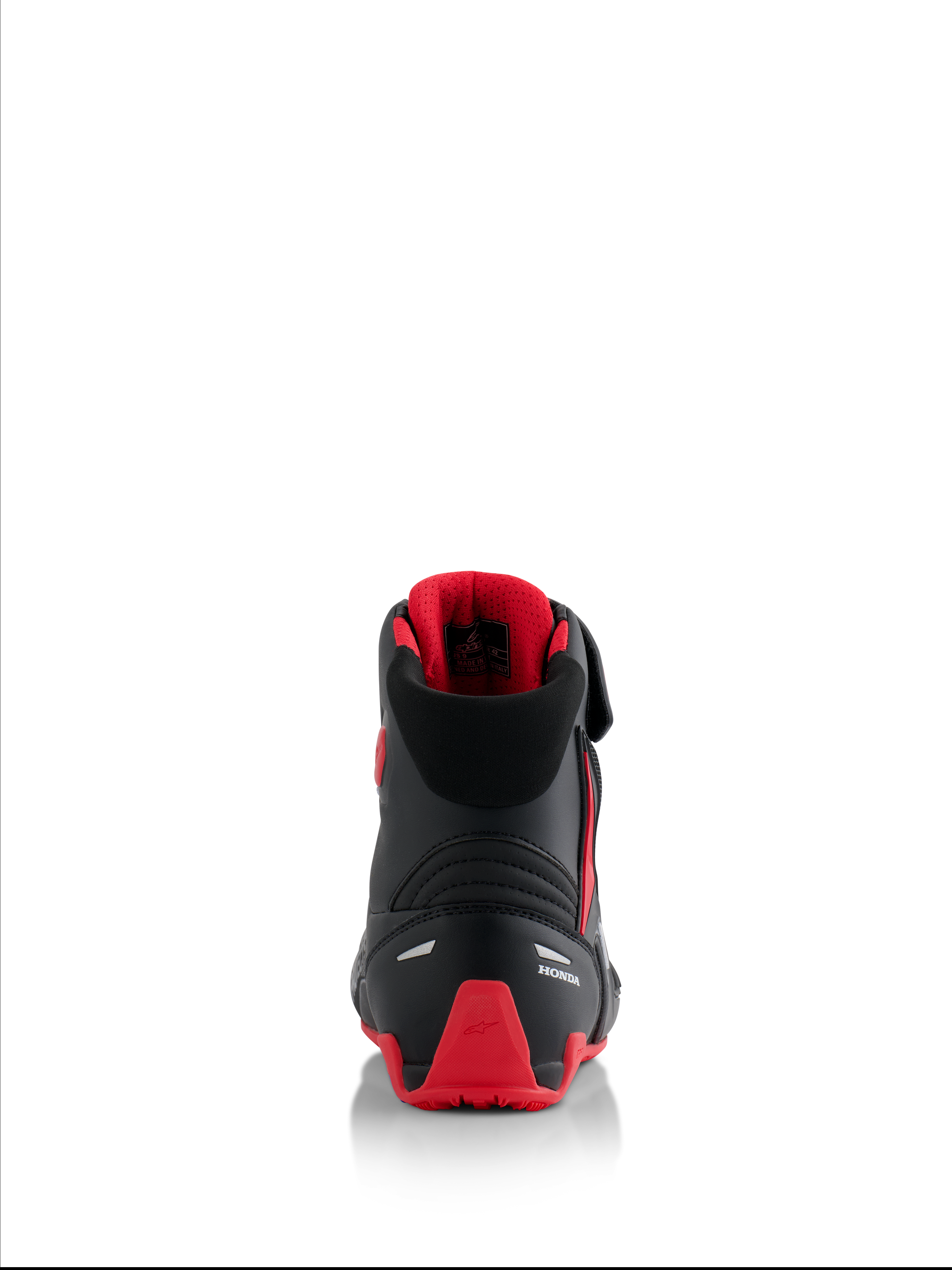 Alpinestars Honda Faster-4 schoenen, motorschoenen, zwart en rood, achteraanzicht met witte Honda-branding en rode TPU-hielkap, gevoerde kraag met rode mesh-voering, reflecterende accenten voor veiligheid