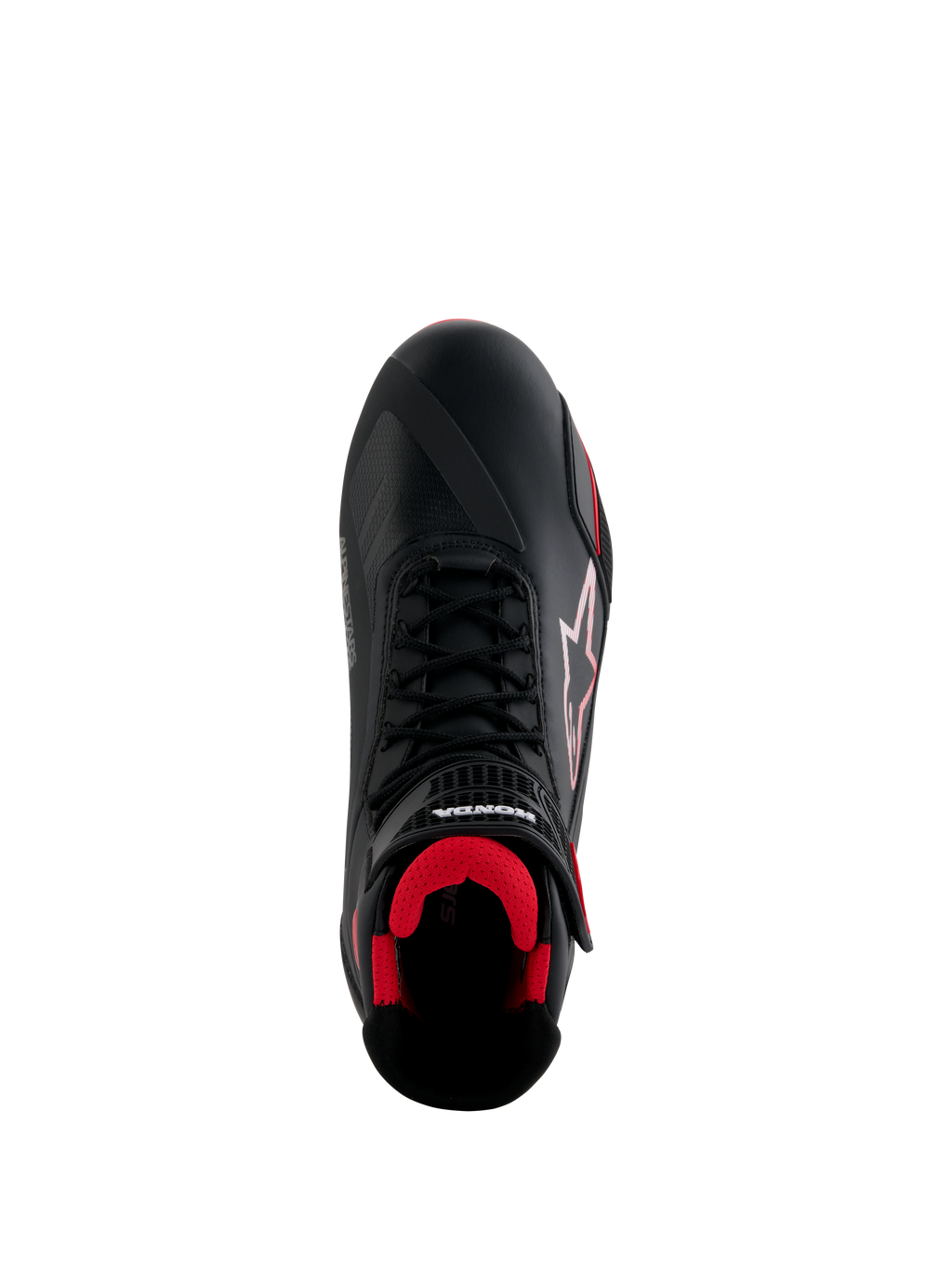 Alpinestars Honda Faster-4 schoenen, motorschoenen, zwart en rood, bovenaanzicht met bovenwerk van zwarte microvezel, rode mesh voering, traditionele zwarte veters en Alpinestars en Honda branding