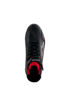 Alpinestars Honda Faster-4 schoenen, motorschoenen, zwart en rood, bovenaanzicht met bovenwerk van zwarte microvezel, rode mesh voering, traditionele zwarte veters en Alpinestars en Honda branding