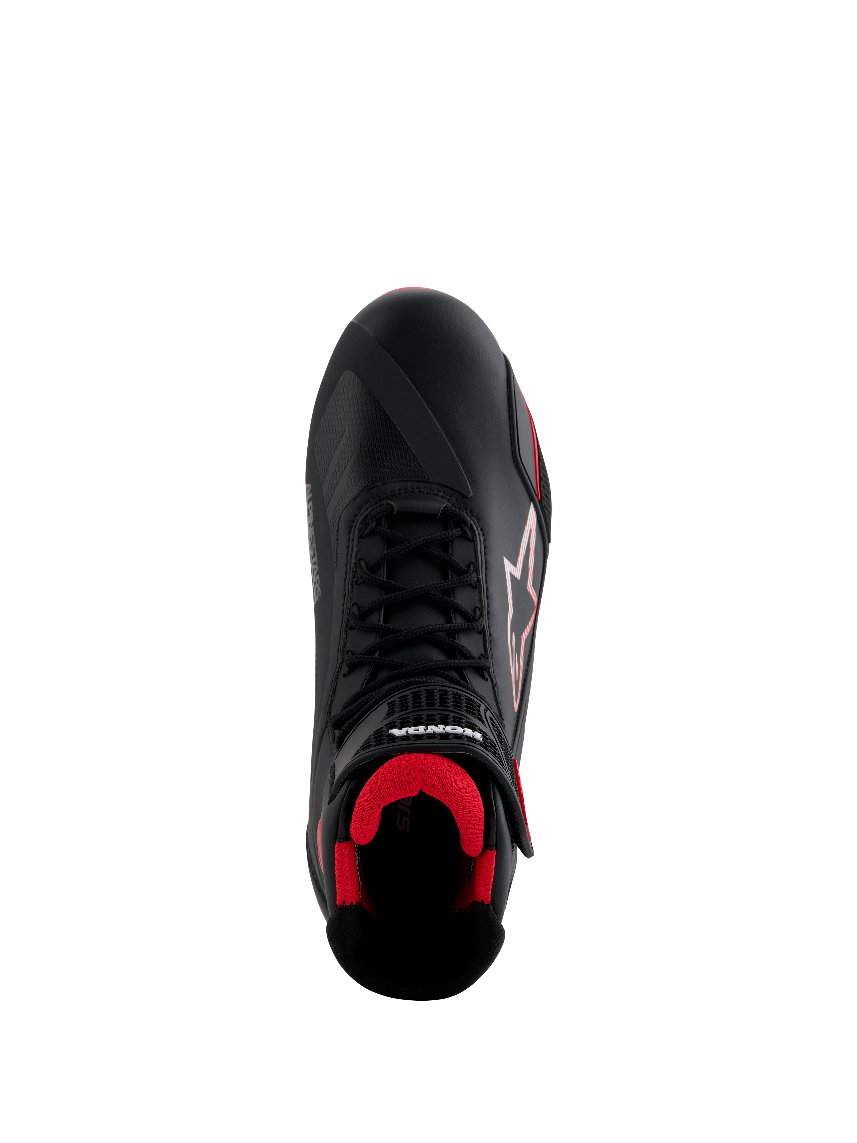 Alpinestars Honda Faster-4 schoenen, motorschoenen, zwart en rood, bovenaanzicht met bovenwerk van zwarte microvezel, rode mesh voering, traditionele zwarte veters en Alpinestars en Honda branding