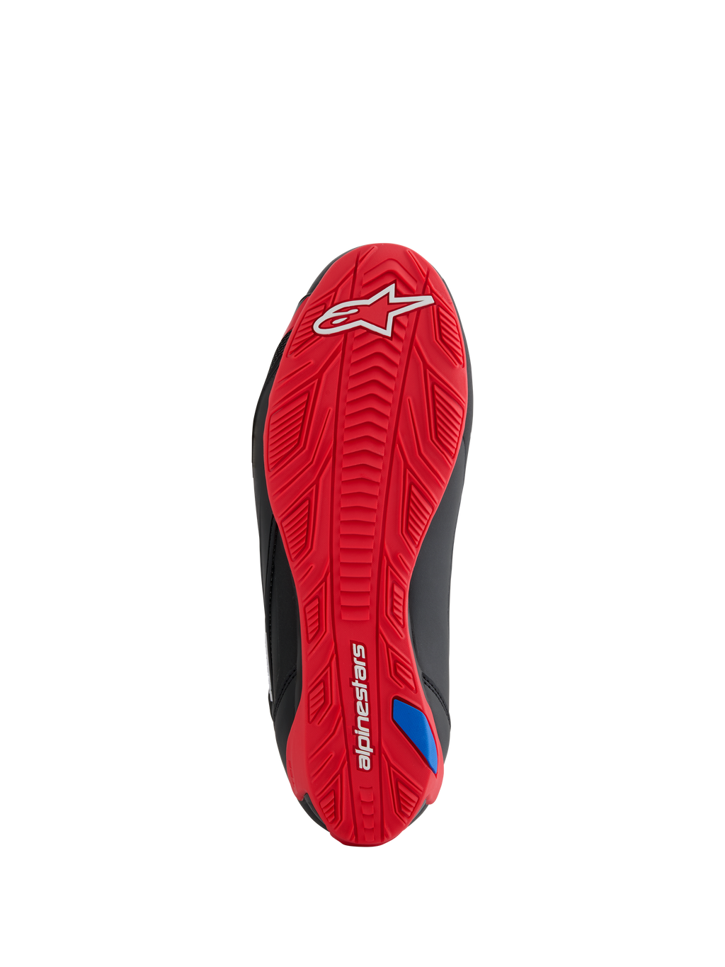 Alpinestars Honda Faster-4 Schoenen, zoolaanzicht, felrode rubberen buitenzool met textuur, wit Alpinestars-logo op de hiel en woordmerk op de voetboog, geïntegreerd grippatroon voor motorrijden, zwarte zij-accenten