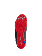 Alpinestars Honda Faster-4 Schoenen, zoolaanzicht, felrode rubberen buitenzool met textuur, wit Alpinestars-logo op de hiel en woordmerk op de voetboog, geïntegreerd grippatroon voor motorrijden, zwarte zij-accenten
