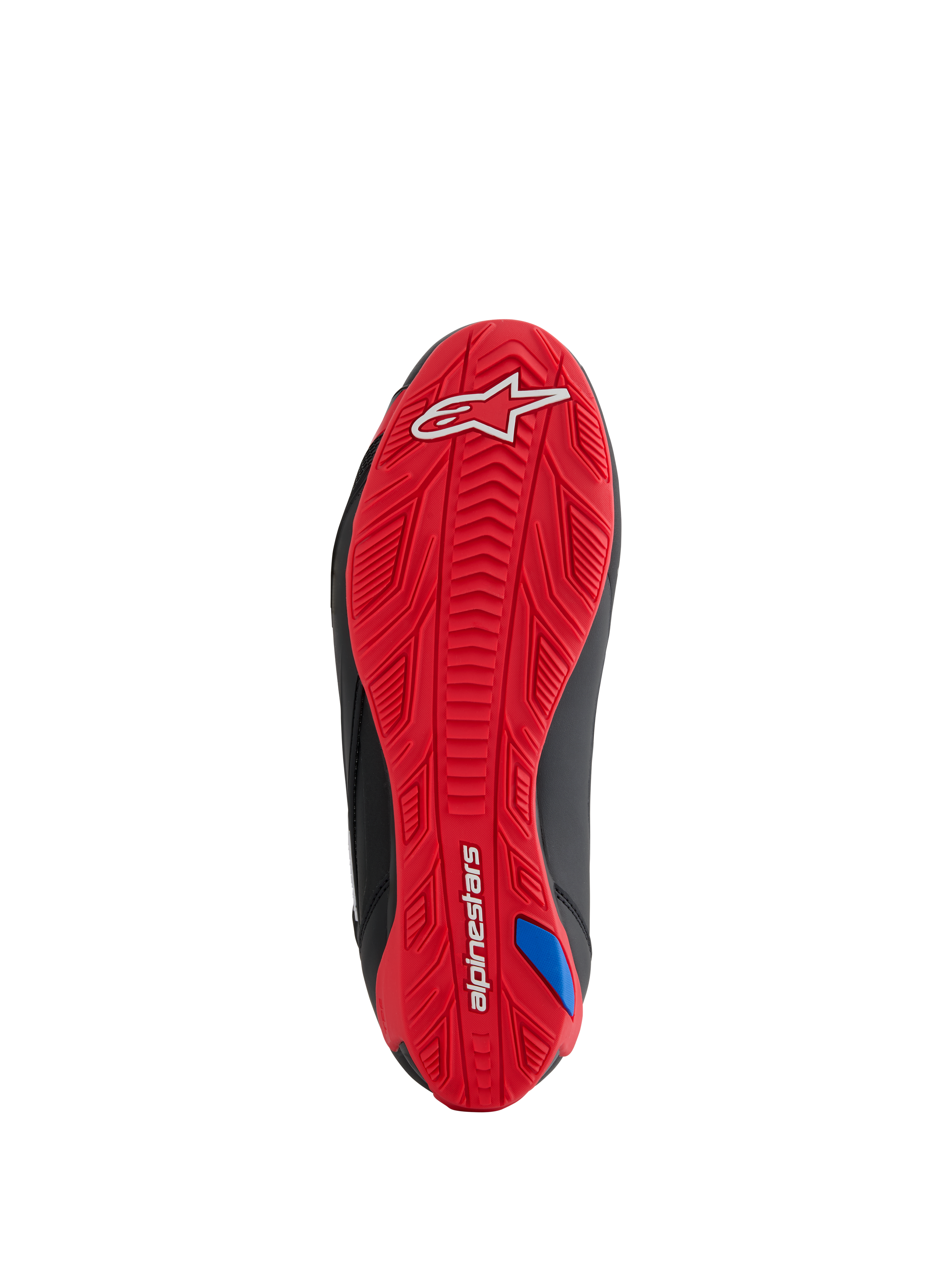 Alpinestars Honda Faster-4 Schoenen, zoolaanzicht, felrode rubberen buitenzool met textuur, wit Alpinestars-logo op de hiel en woordmerk op de voetboog, geïntegreerd grippatroon voor motorrijden, zwarte zij-accenten