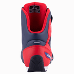 Alpinestars Austin Riding Shoe, Night Navy und Bright Red, Rückansicht mit verstärkter TPU-Fersenkappe, rotem Mesh-Futter und strukturierter Gummiaußensohle, sportliches Motorrad-Schuhwerk