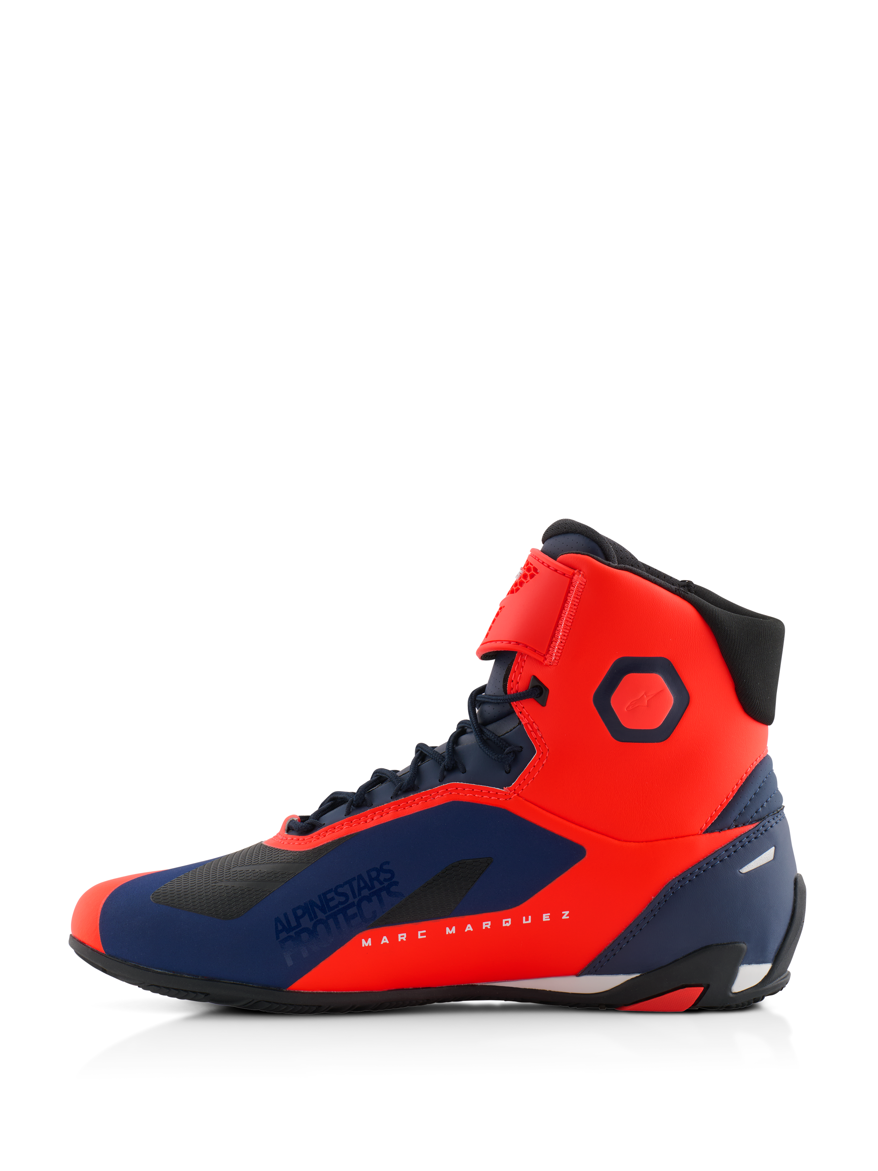 Alpinestars MM93 Faster-4 Shoes, Motorcycle Riding Shoes, Red Fluo and Dark Blue, side profile view featuring Marc Marquez branding, lace closure with top strap, sleek performance design for road riding
