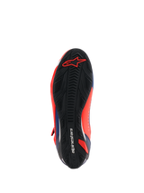 Alpinestars MM93 Faster-4 Shoes, Motorcycle Riding Shoes, Red Fluo and Dark Blue, bottom view showing the black textured rubber sole with a red Alpinestars logo at the toe and integrated grip patterns.