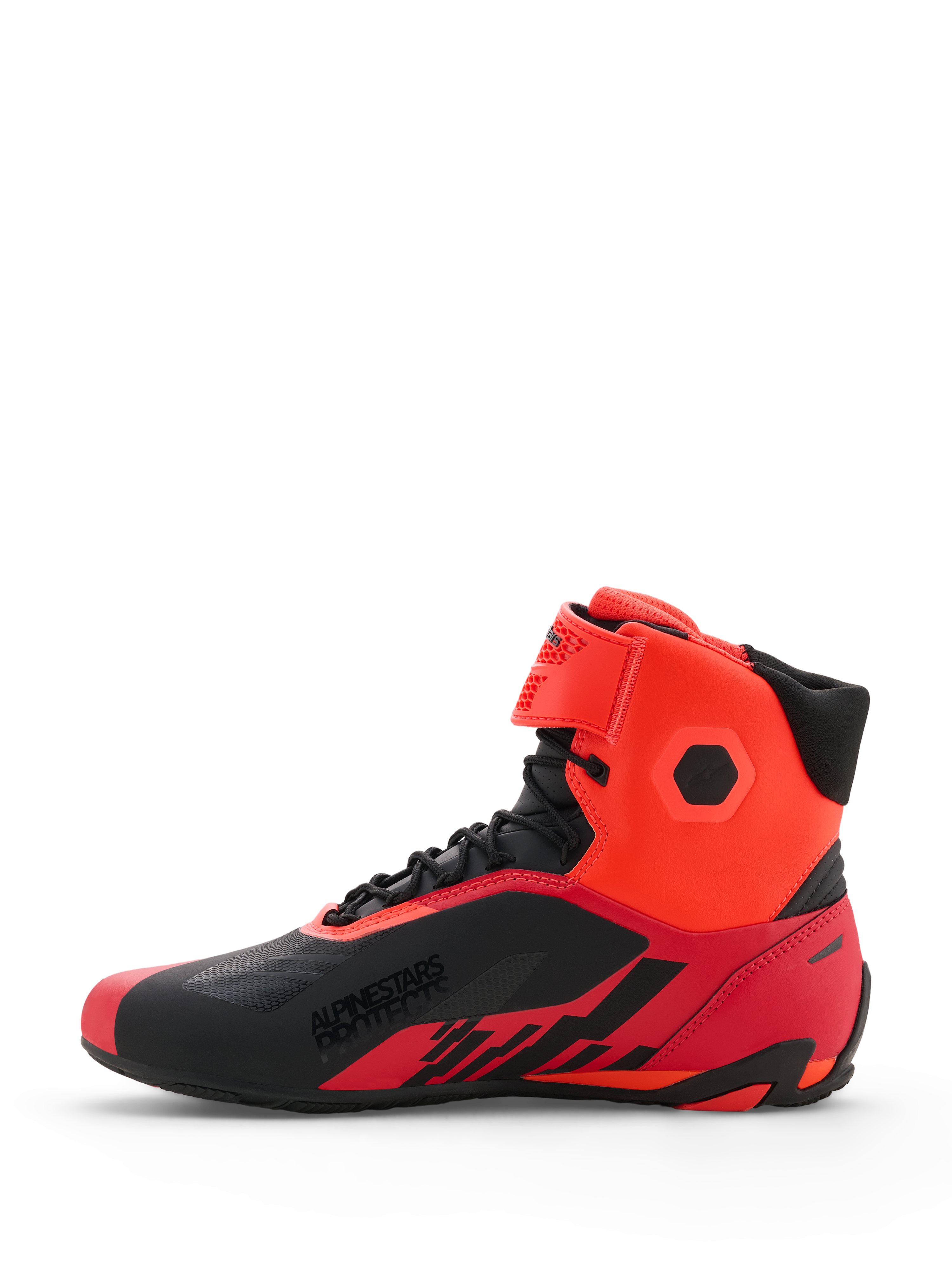 Alpinestars MM93 Faster-4 schoenen, motorrijschoenen, Red Fluo en zwart, zijprofiel met technische microvezelconstructie, vetersluiting met klittenband enkelband, 'ALPINESTARS PROTECTS' logo aan de zijkant, sportief ontwerp voor op de weg