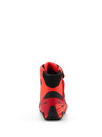Alpinestars MM93 Faster-4 schoenen, motorrijschoenen, Red Fluo Bright Red en zwart, achteraanzicht met TPR-hielcounter en zwarte textielkraag, ergonomisch ontwerp met op racen geïnspireerde accenten