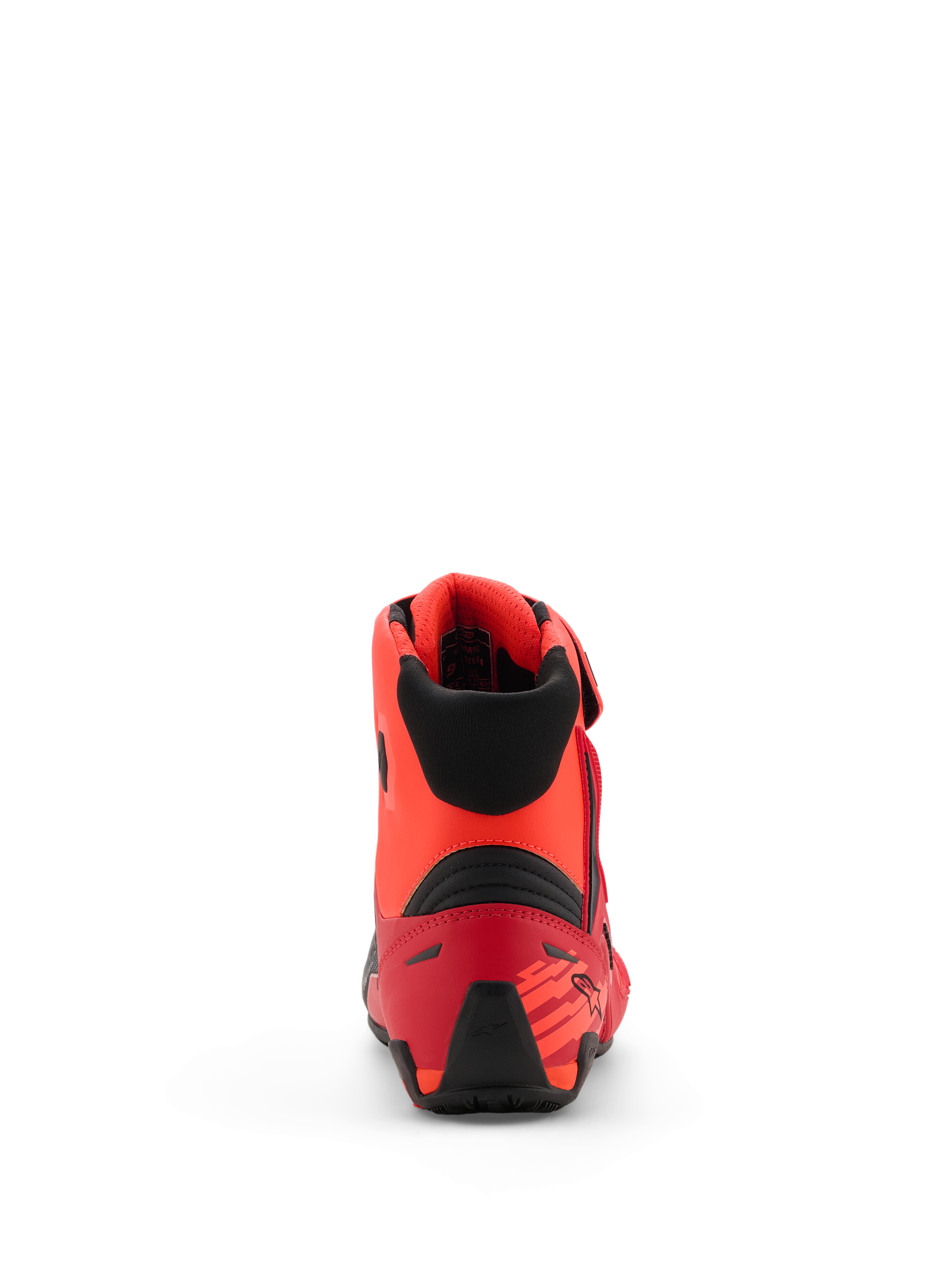 Alpinestars MM93 Faster-4 schoenen, motorrijschoenen, Red Fluo Bright Red en zwart, achteraanzicht met TPR-hielcounter en zwarte textielkraag, ergonomisch ontwerp met op racen geïnspireerde accenten