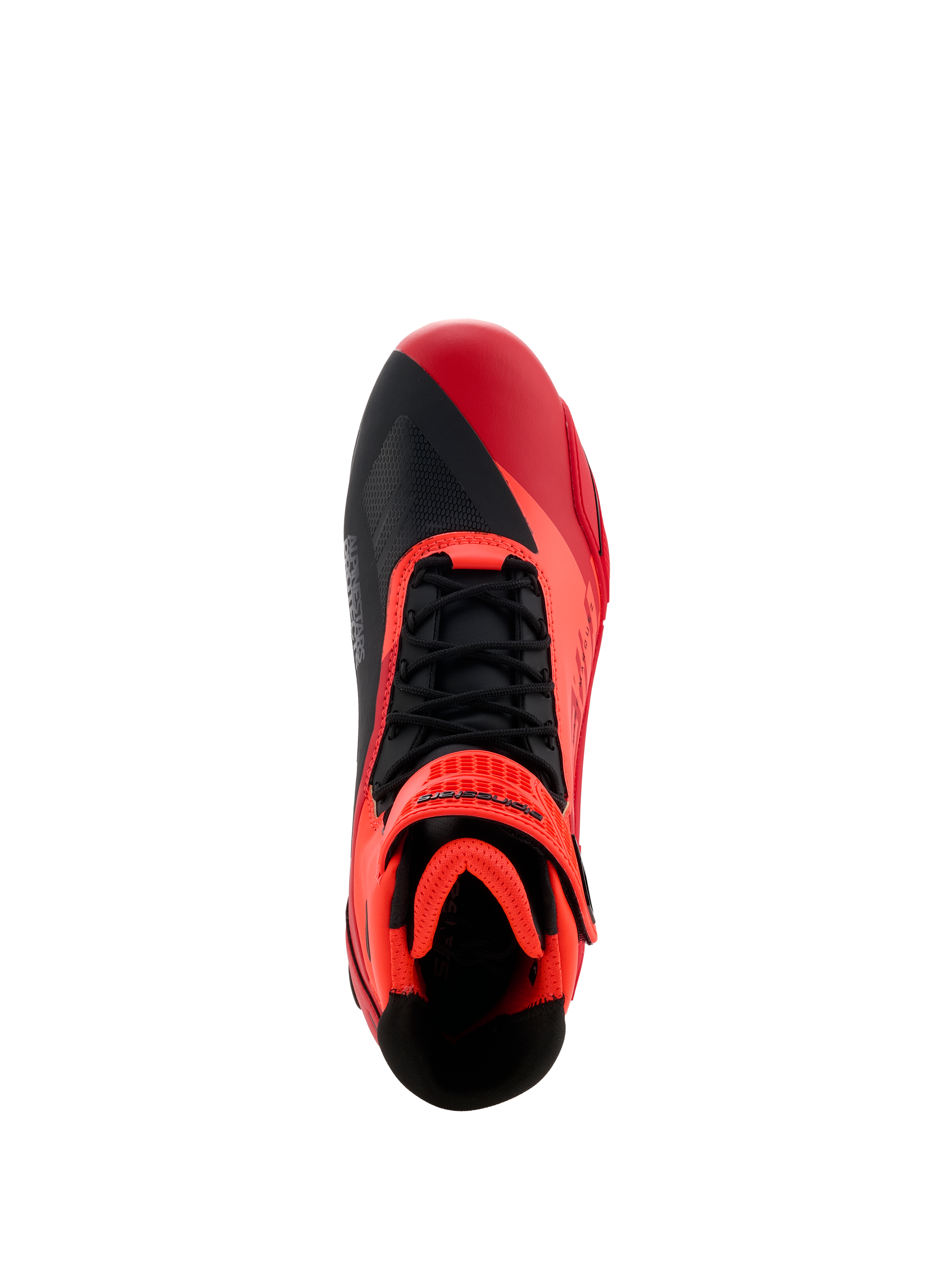 Alpinestars MM93 Faster-4-schoenen, motorfietsschoenen, Red Fluo Bright Red en zwart, bovenaanzicht met zwarte veters en rode klittenbandsluiting, asymmetrisch teendesign en gewatteerde binnenkant voor sportief rijden.