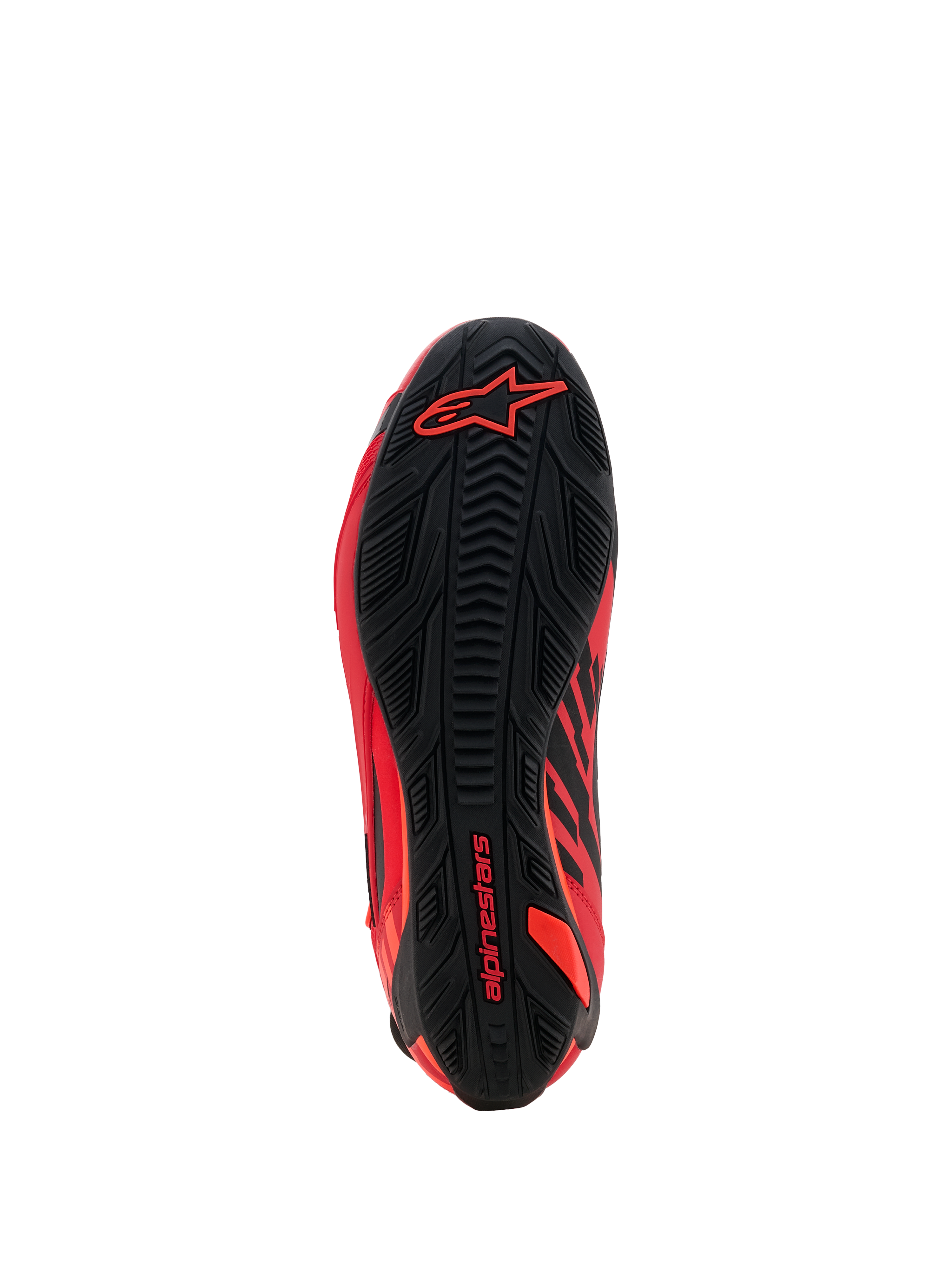 Alpinestars MM93 Faster-4 schoenen, motorschoenen, Red Fluo Bright Red en zwart, onderaanzicht van de zool met getextureerd rubberen grippatroon, rode Alpinestars-branding op de hiel en voorvoet, hoogwaardig race- en sportschoenontwerp