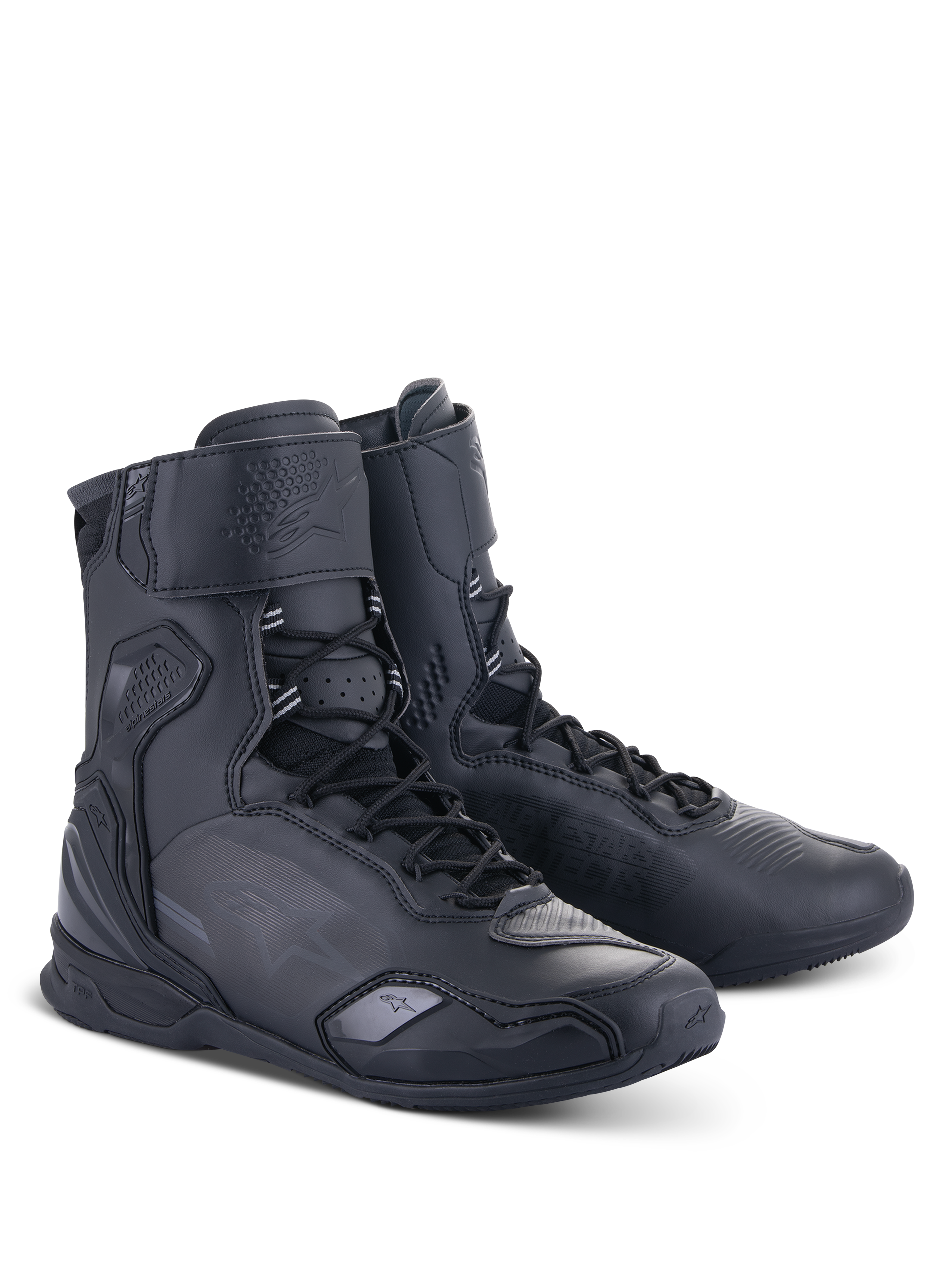 Alpinestars Superfaster schoenen, hoge zwarte motorrijschoenen, voorzien van een snelvetersysteem, versterkte enkel- en hielbescherming, strakke microvezelconstructie voor rijden op de weg