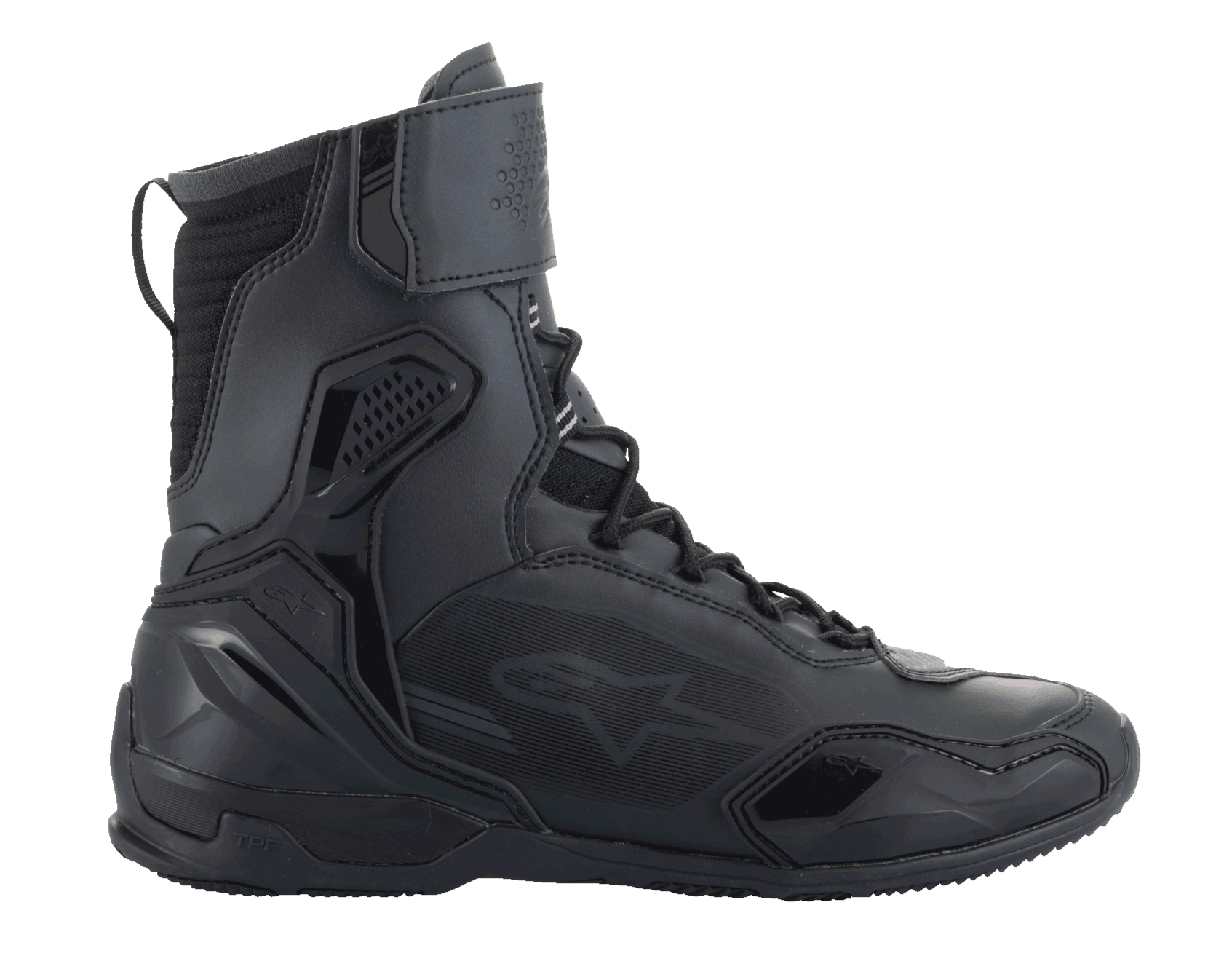 Alpinestars Superfaster schoenen, motorrijschoenen, zwart zwart, hoog model met snelvetersysteem en enkelbandje, voorzien van microvezel- en Rideknit-panelen, versterkte TPU-hielkap en teenbescherming, gestroomlijnd sportief ontwerp voor rijden op de weg