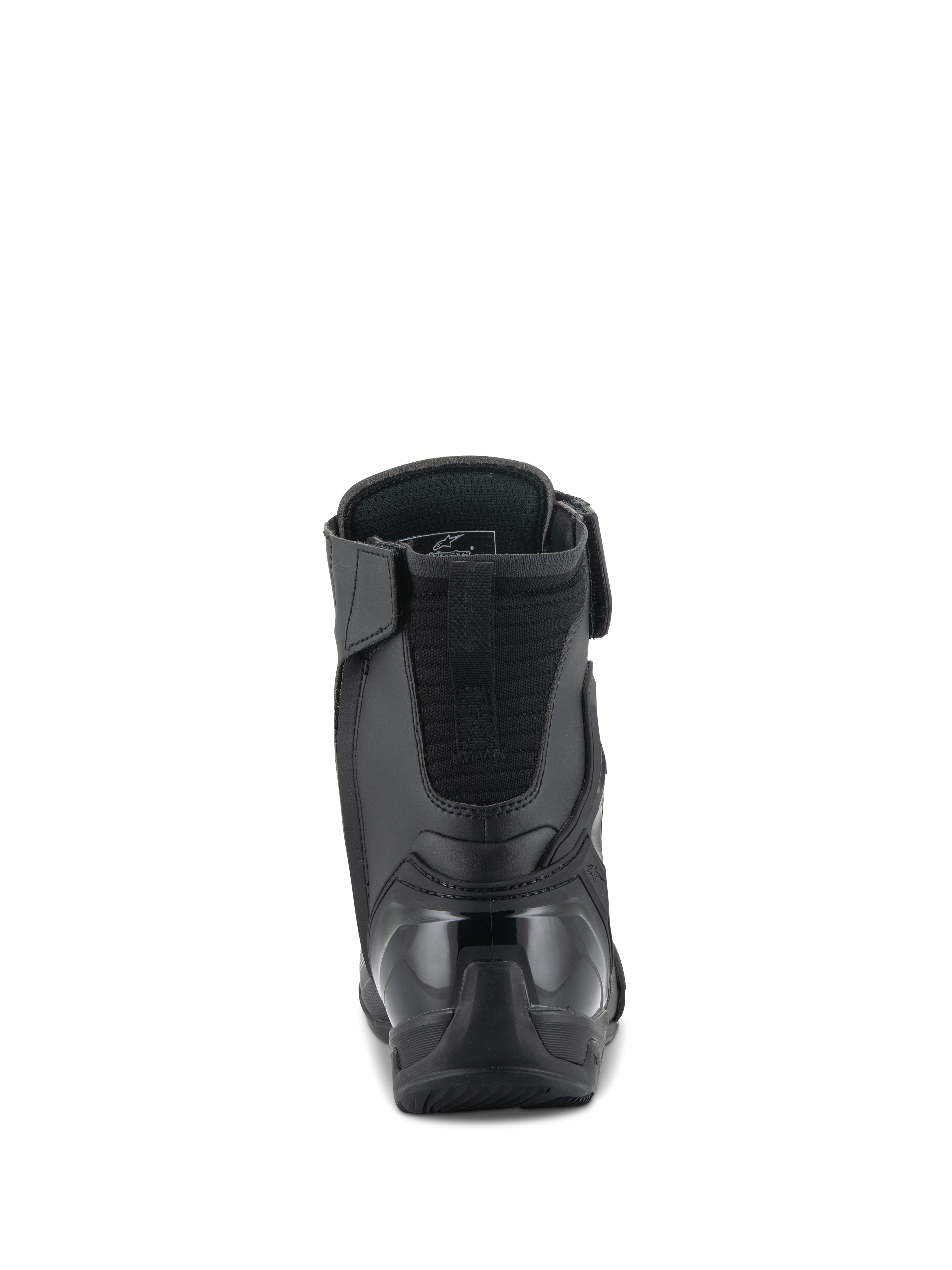 Alpinestars Superfaster schoenen, motorschoenen, zwart, achteraanzicht met een versterkte TPU-hielkap en gewatteerde Achilles-verlenging, strak hoog ontwerp voor sportieve rijbescherming