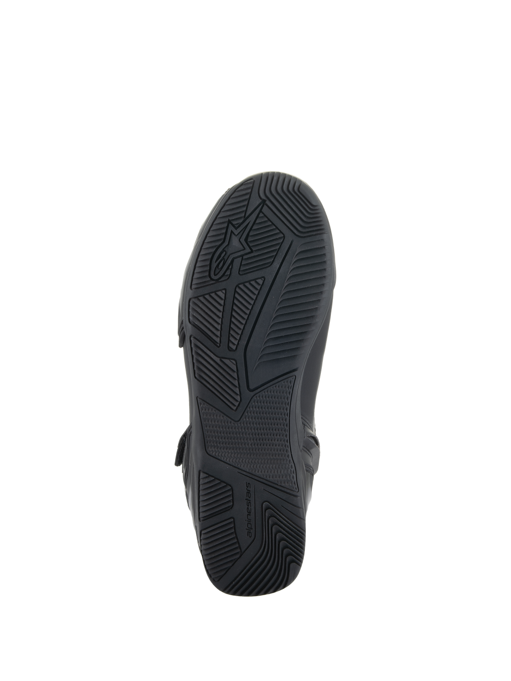 Alpinestars Superfaster schoenen, zwart, onderaanzicht van de rubberen zool met geavanceerde grip- en profielpatronen, voorzien van het Alpinestars-logo en merknaam, ontworpen voor stabiliteit tijdens het motorrijden.