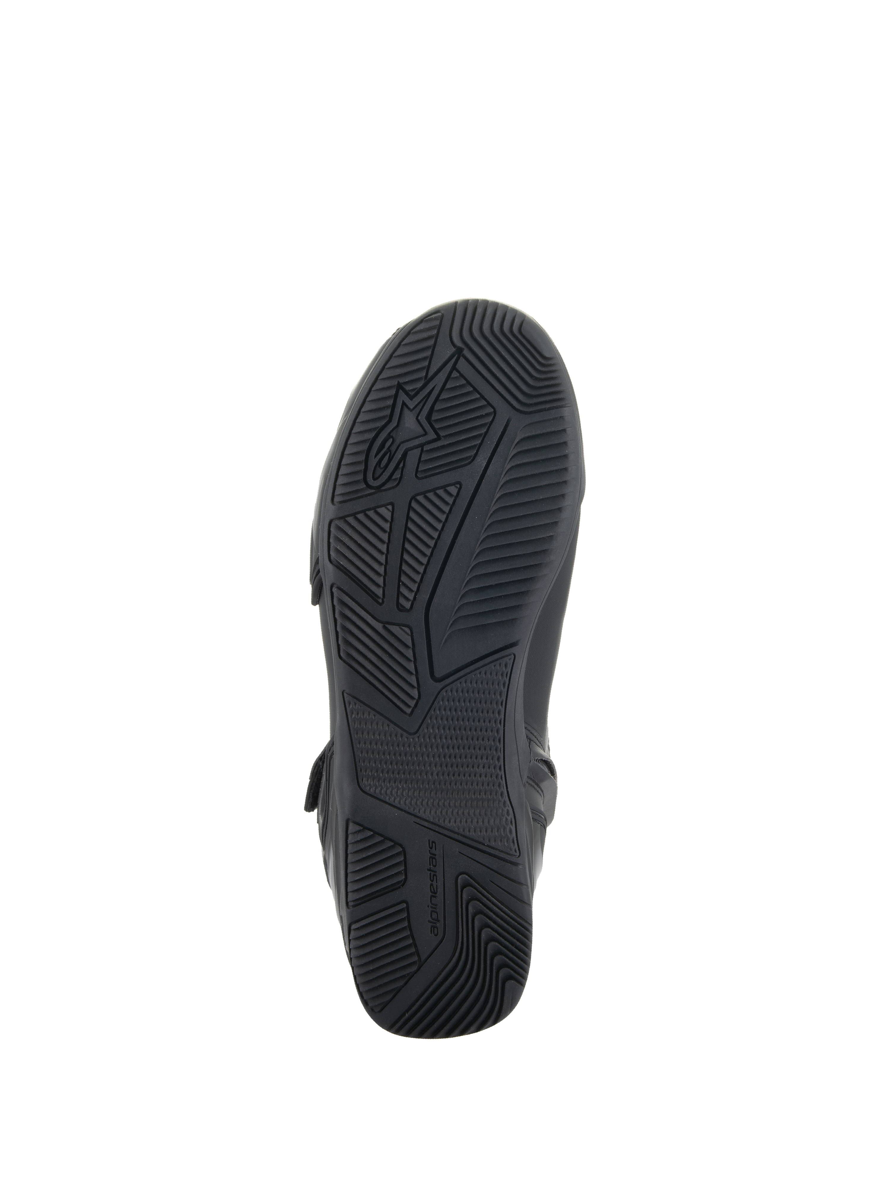Alpinestars Superfaster schoenen, zwart, onderaanzicht van de rubberen zool met geavanceerde grip- en profielpatronen, voorzien van het Alpinestars-logo en merknaam, ontworpen voor stabiliteit tijdens het motorrijden.