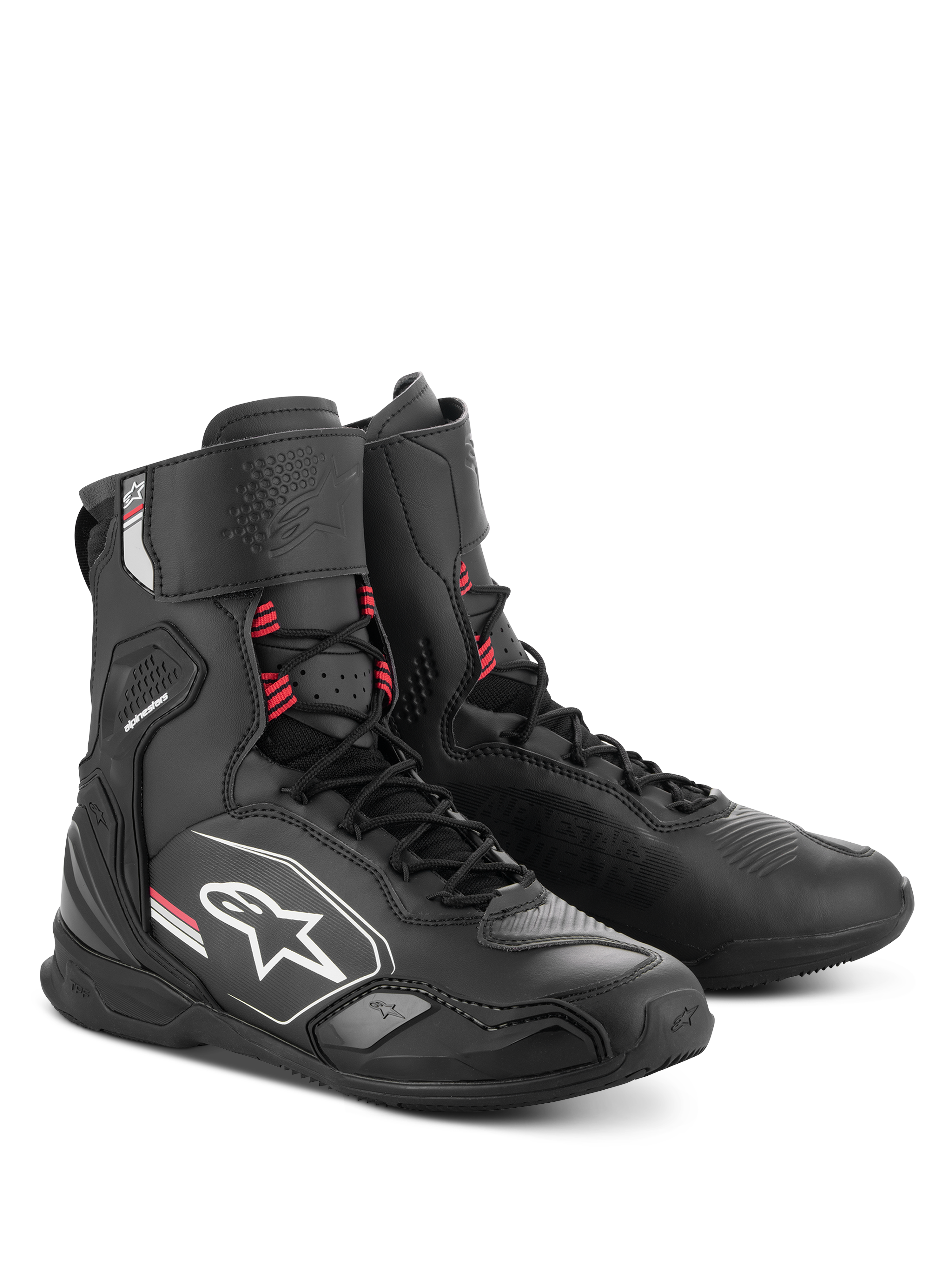 Alpinestars Superfaster schoenen, motorschoenen, zwart grijs felrood, hoog profiel met geïntegreerde scheenbeen- en enkelbescherming, snelvetersysteem, strak atletisch ontwerp met Alpinestars-logo