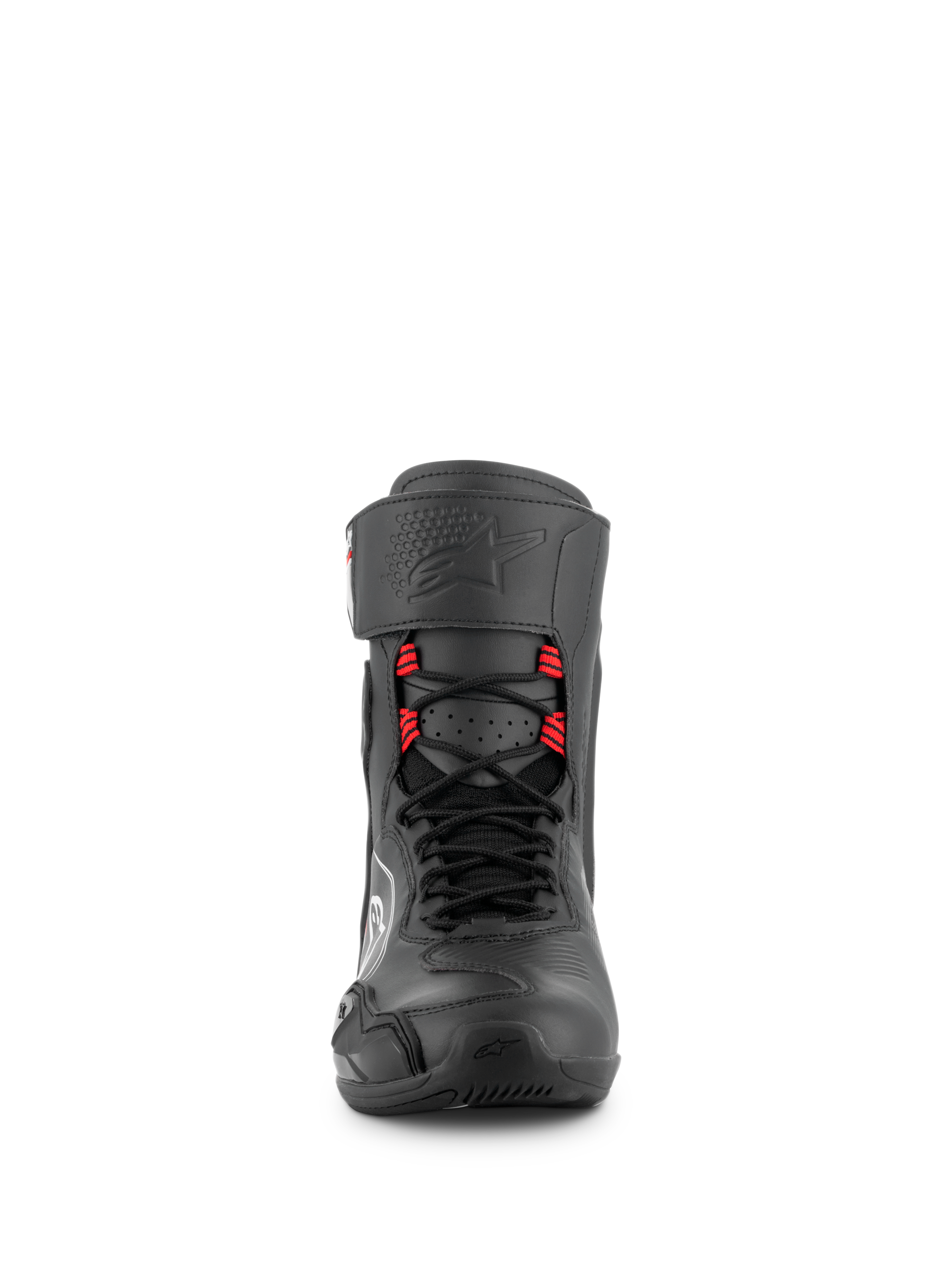Alpinestars Superfaster schoenen, motorschoenen in zwart, grijs en felrood, vooraanzicht met snelvetersluiting en rode lussen, hoog beschermend profiel met enkelband, versterkte neus en technisch ontwerp voor weg- en sportprestaties
